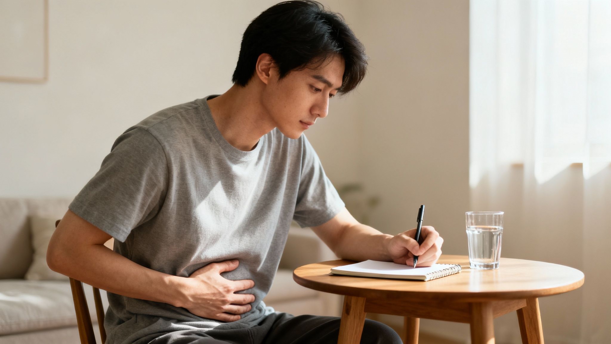 Junger Mann mit Bauchschmerzen schreibt Symptome in ein Notizbuch, ein Glas Wasser steht daneben.