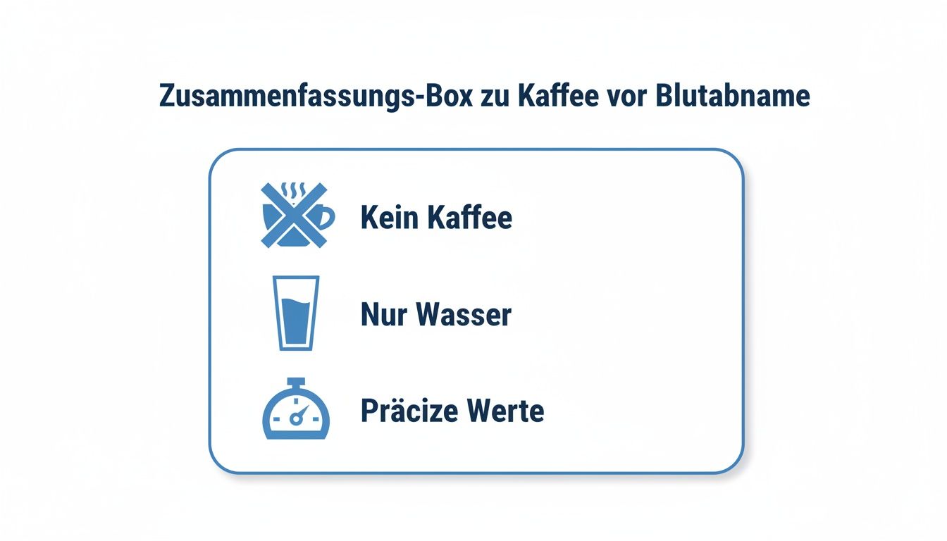 Infografik: Wichtige Hinweise für die Blutabnahme – kein Kaffee, nur Wasser für präzise Laborergebnisse.