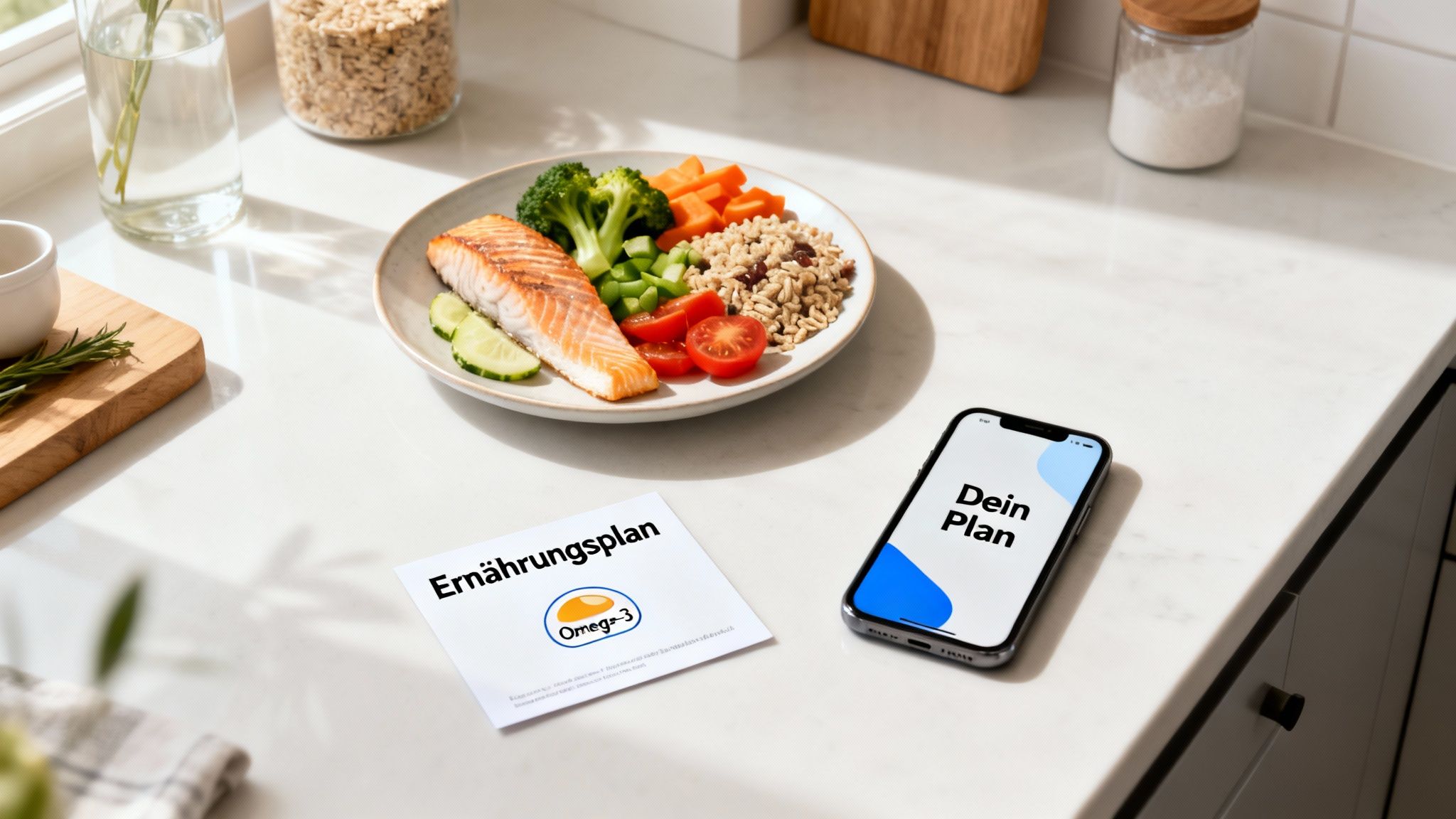 Ein gesunder Ernährungsplan mit Lachs, Gemüse und Vollkorn auf einer Küchenarbeitsplatte, daneben ein Smartphone.
