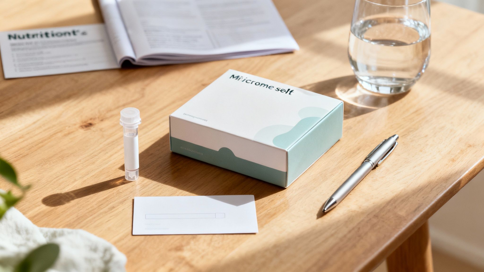 Microme self-test kit on a wooden table with instructions, tubes, pen and glass of water for microbiome analysis.