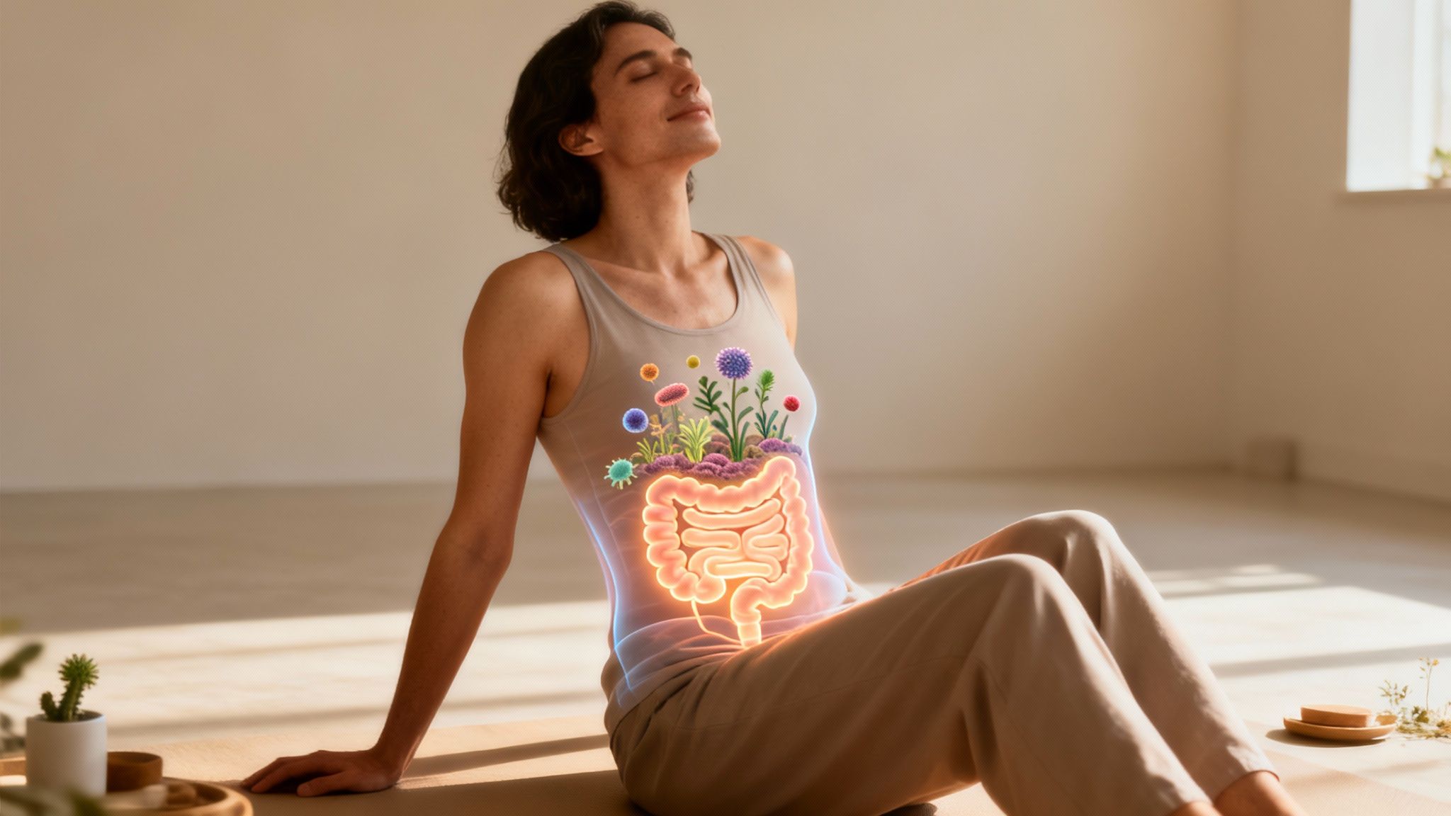 Eine entspannte Person sitzt meditierend, ihr Darmmikrobiom voller bunter Blumen und Mikroorganismen, symbolisiert gesunde Verdauung.