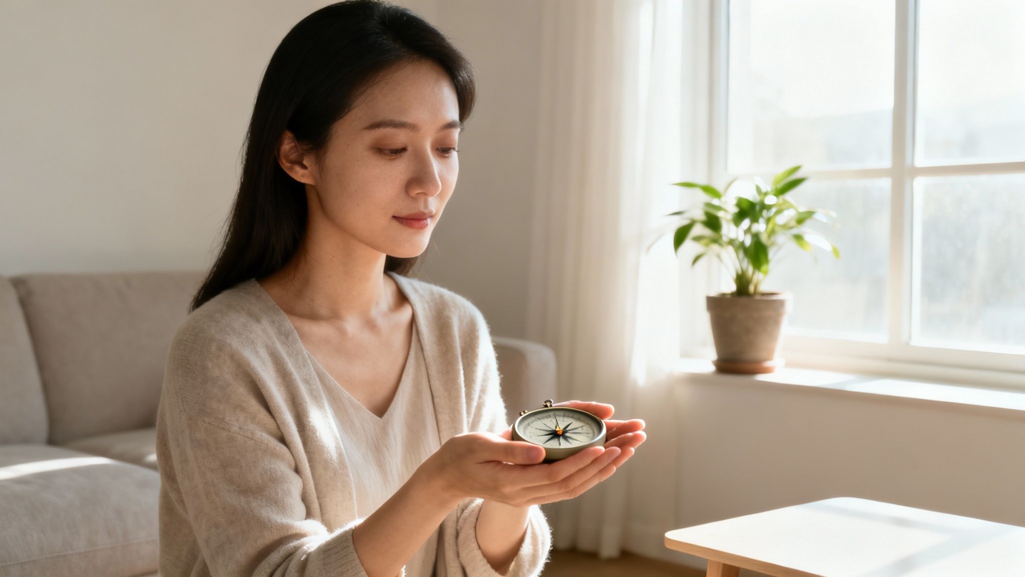 In una stanza luminosa, una giovane donna tiene in mano una bussola, osservandola pensierosa.