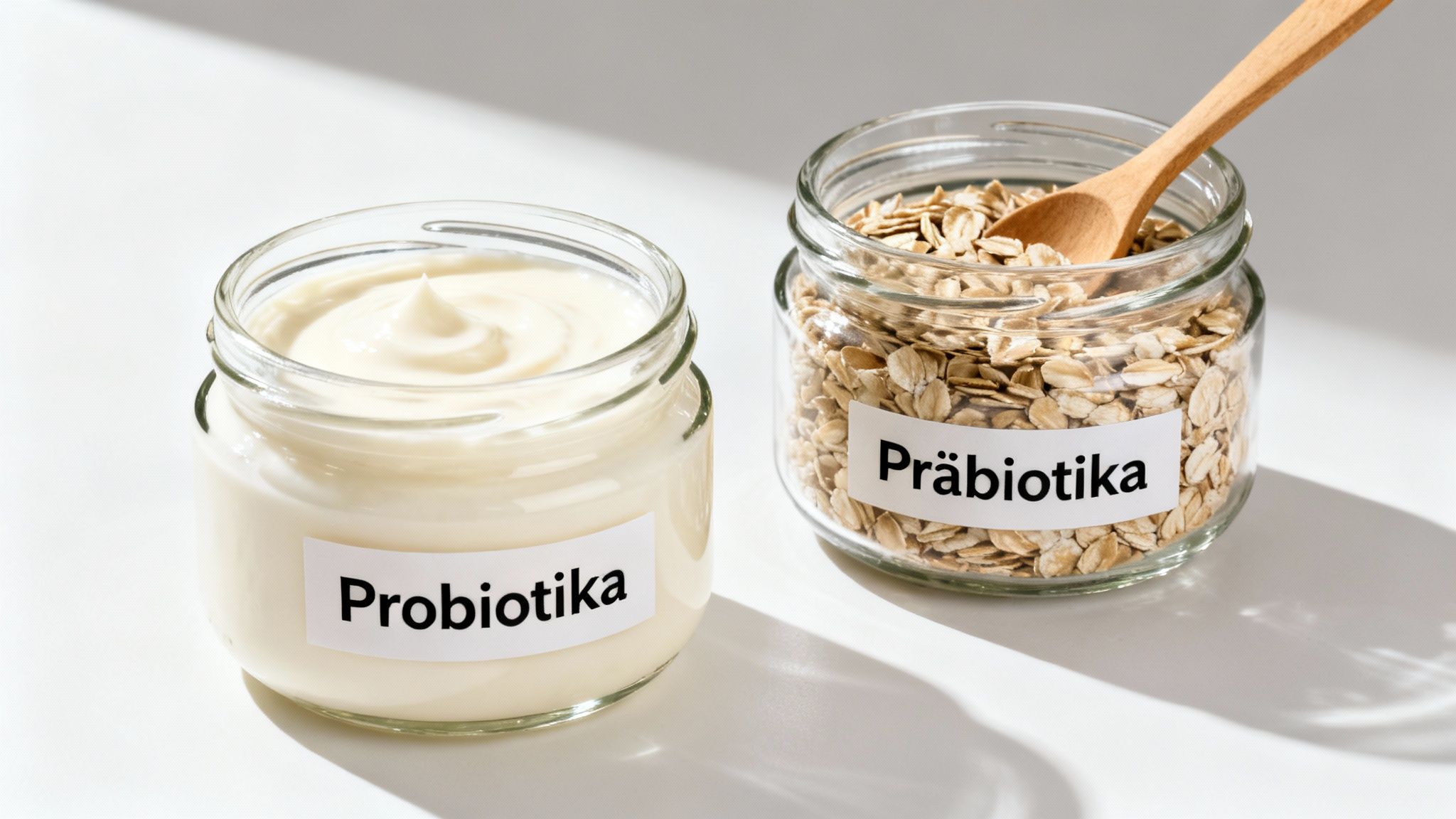 Zwei Gläser auf weißem Hintergrund, eines mit Joghurt und Probiotika-Etikett, das andere mit Haferflocken und Präbiotika-Etikett.