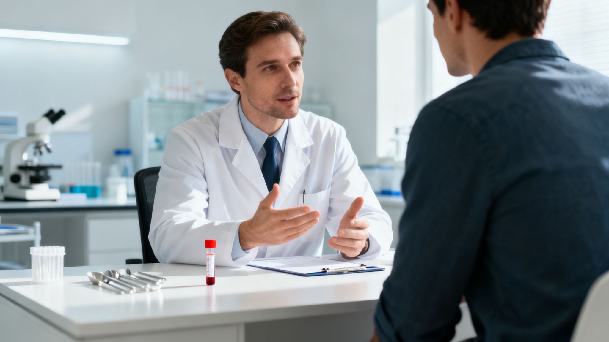 A doctor in a lab coat talks to a patient about a blood sample in a clinic.