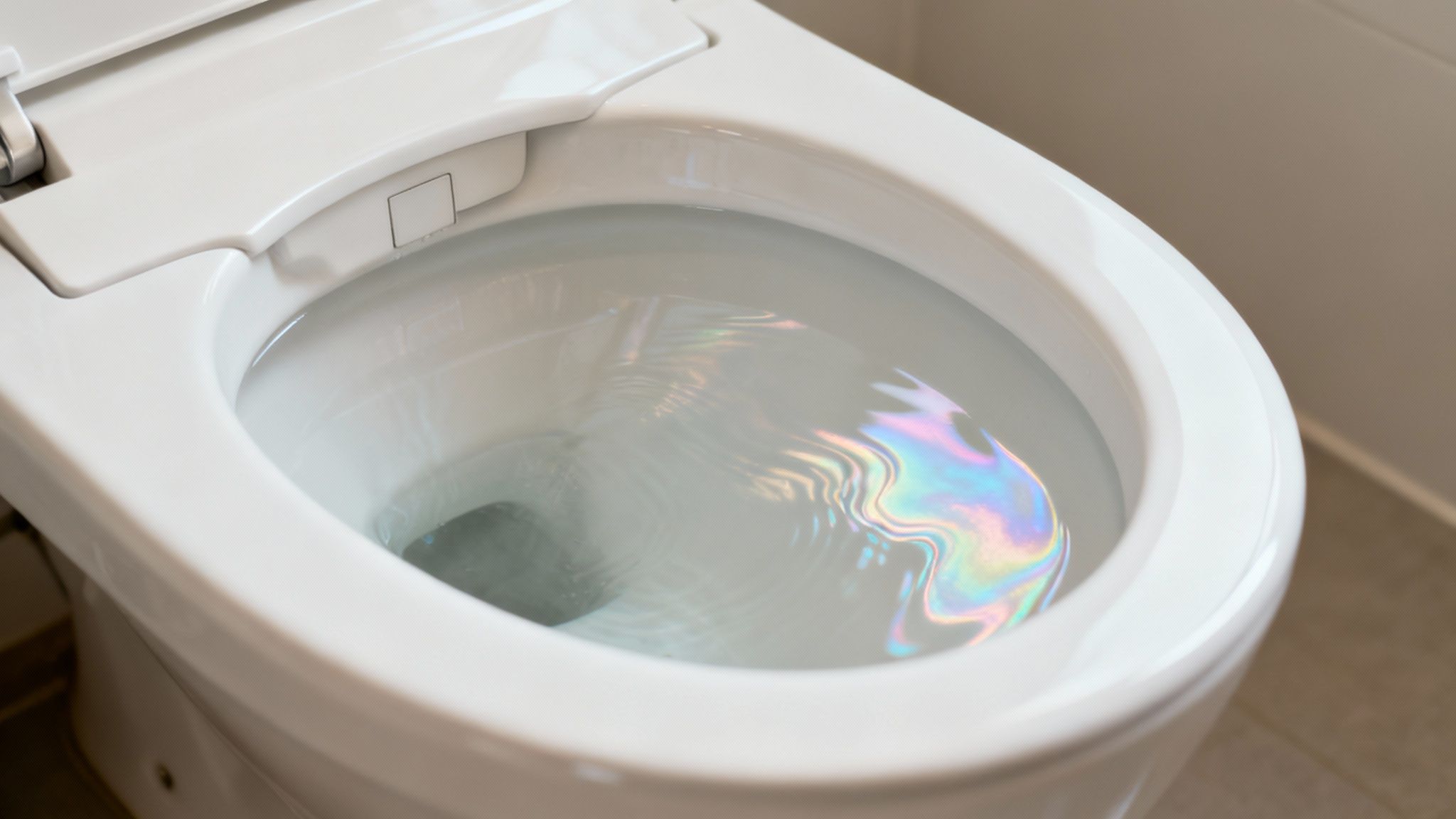 Weiße Toilette mit klarem Wasser und farbigen Lichtreflexionen auf der Oberfläche der Wasseroberfläche.