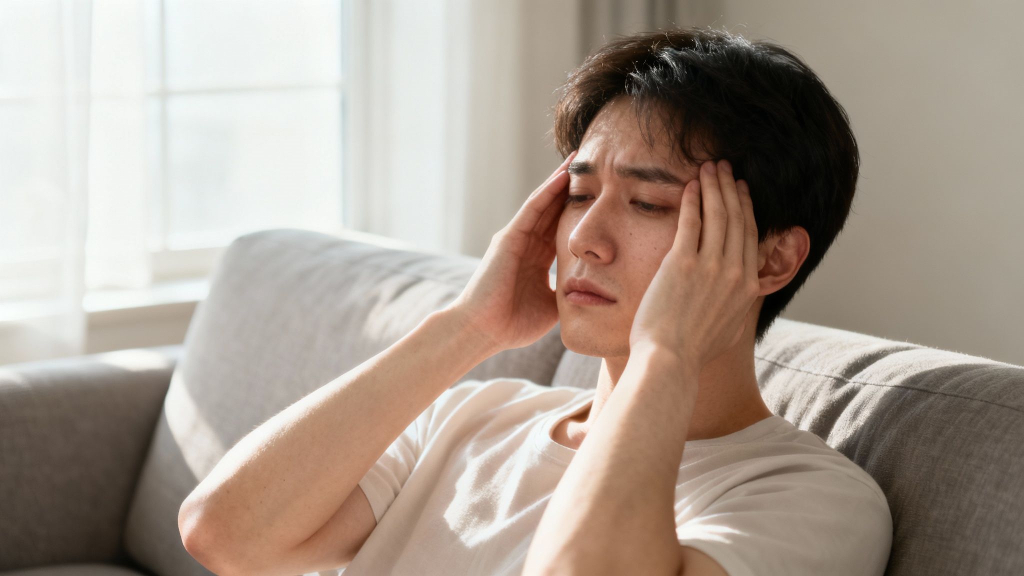 Eine Frau fühlt sich müde und erschöpft, während sie auf einem Sofa sitzt