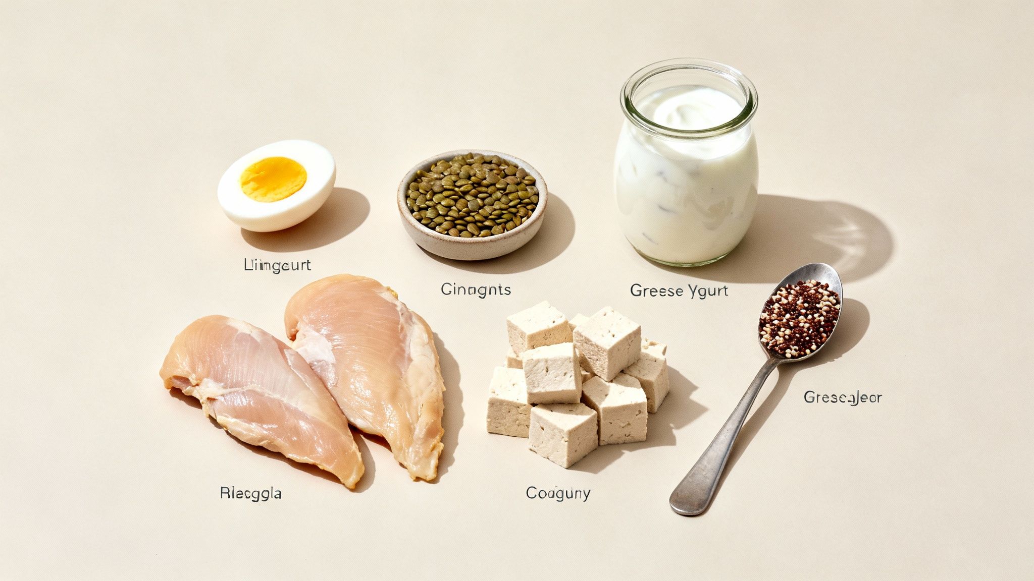 Bild zeigt verschiedene proteinreiche Lebensmittel wie Hühnchen, Eier, Linsen, Tofu, Joghurt und Quinoa.