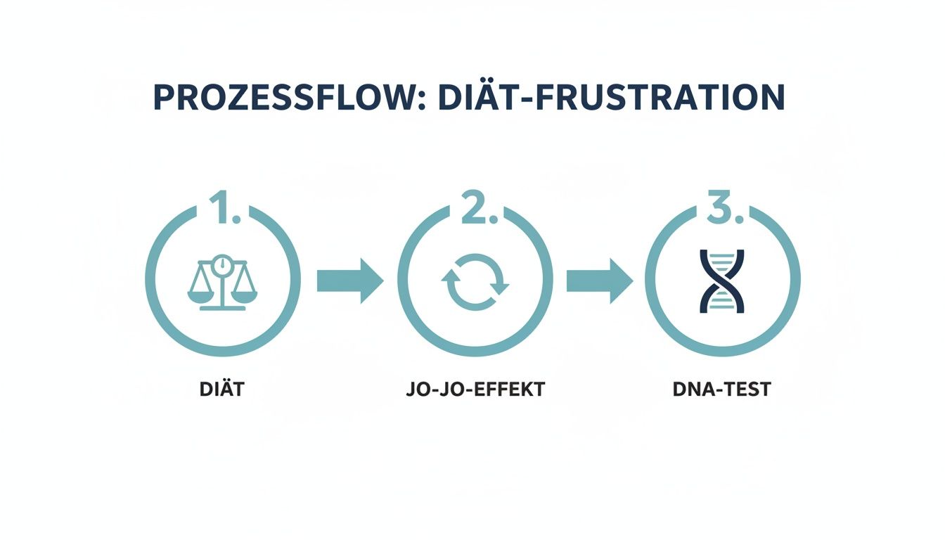 Prozessfluss zur Diät-Frustration: Von der Diät über den Jojo-Effekt zum DNA-Test für bessere Strategien.