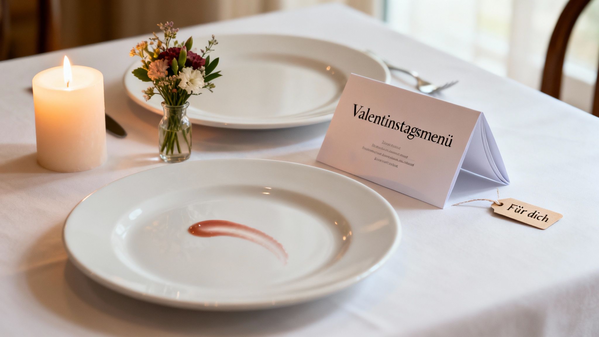 Romantisch gedeckter Tisch mit Kerzenlicht, Blumen, Tellern und einem Valentinstagsmenü für zwei Personen.