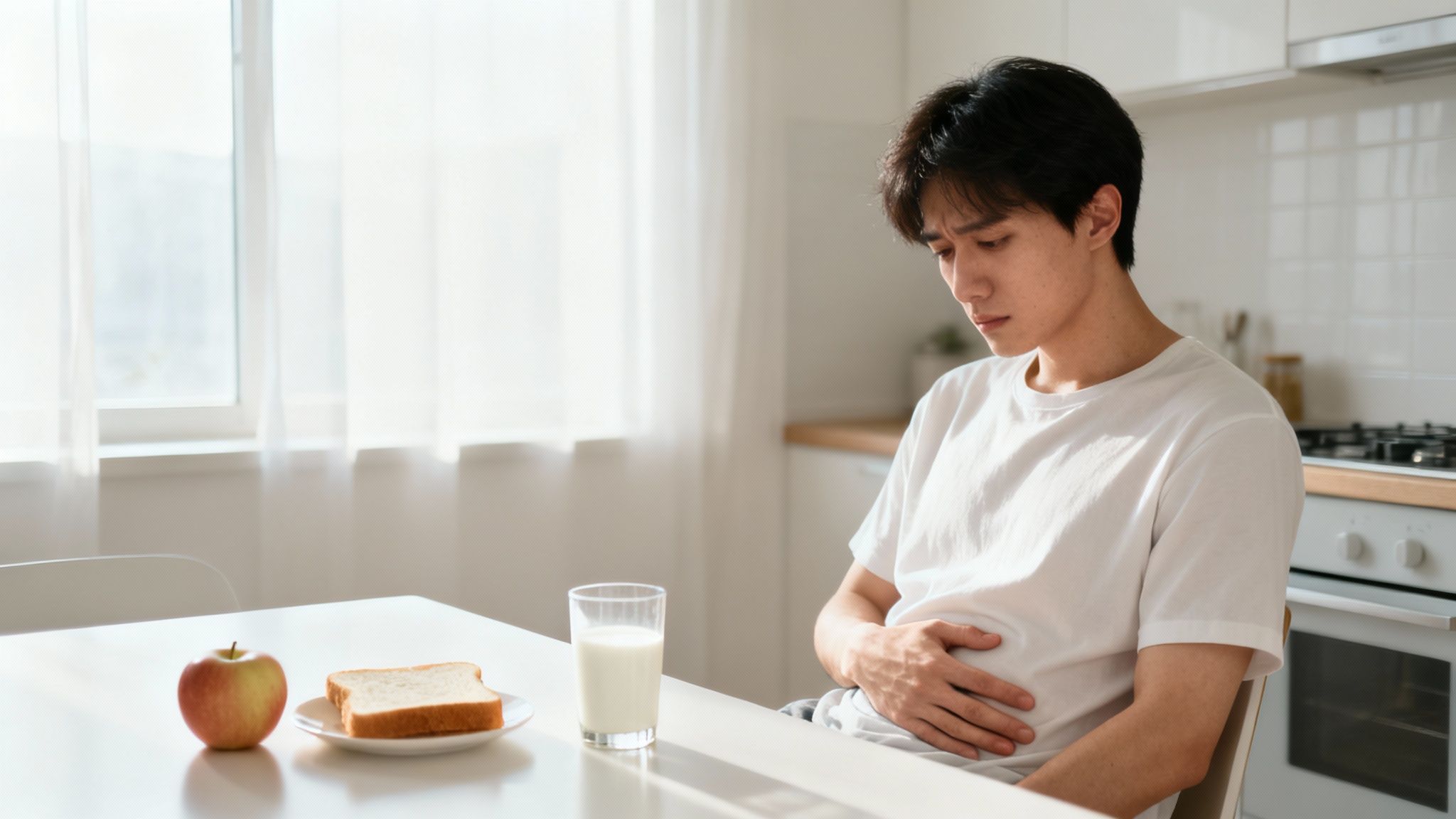 Junger Mann mit Magenproblemen am Küchentisch, daneben ein Apfel, Toast und Milch.