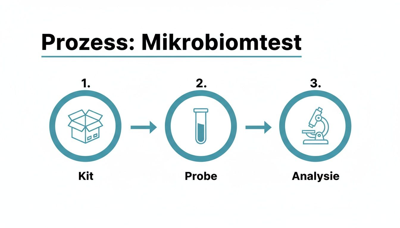 Visualisierung des Mikrobiomtest-Prozesses: Kit, Probenentnahme und Analyse in drei einfachen Schritten dargestellt.