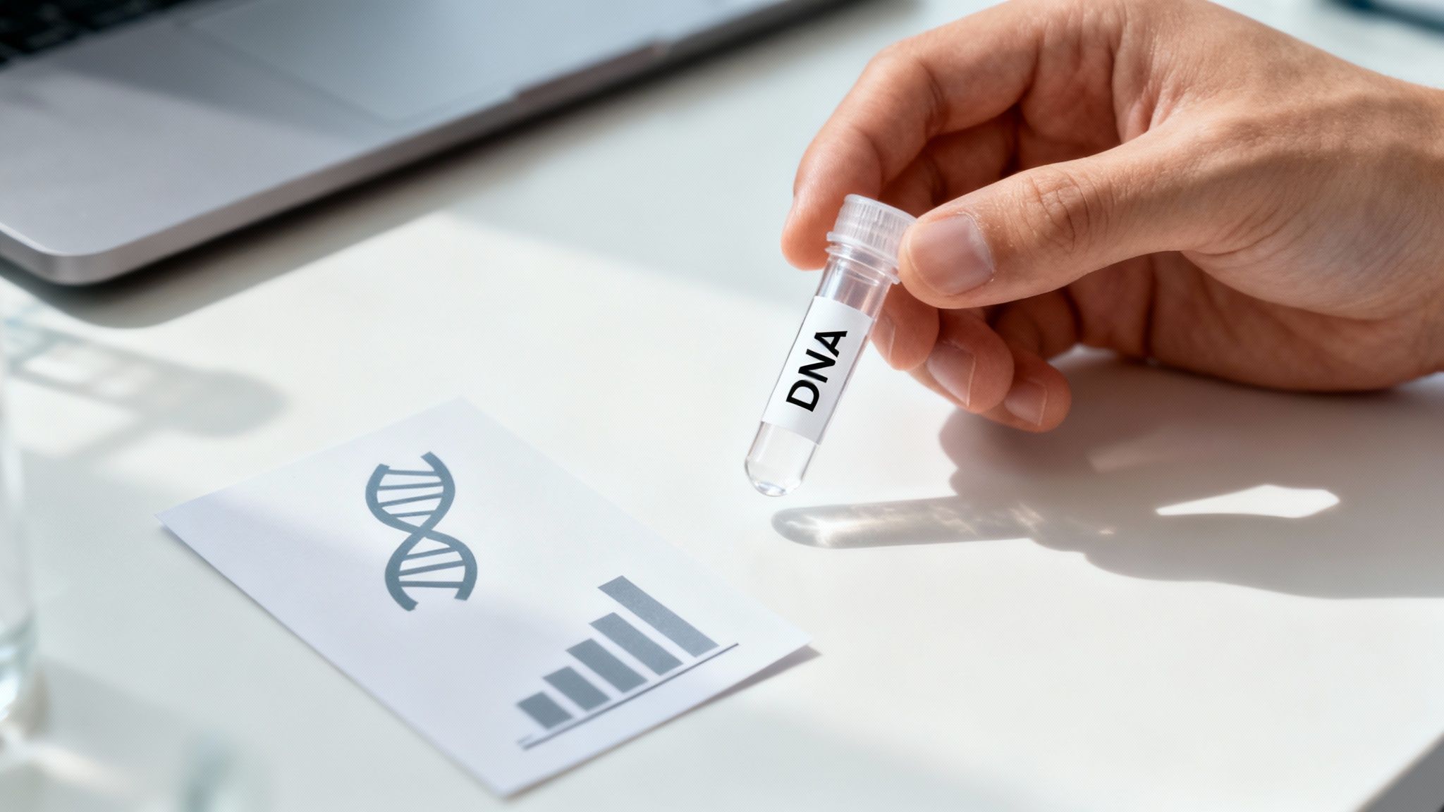 Eine Hand hält ein Reagenzglas mit der Aufschrift DNA, daneben liegen eine DNA-Karte und ein Laptop auf einem weißen Tisch.
