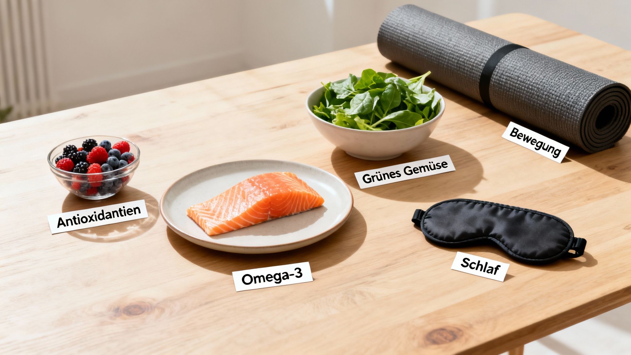 Ein Holztisch mit Beeren, Lachs, grünem Gemüse, einer Yogamatte und einer Schlafmaske für einen gesunden Lebensstil.
