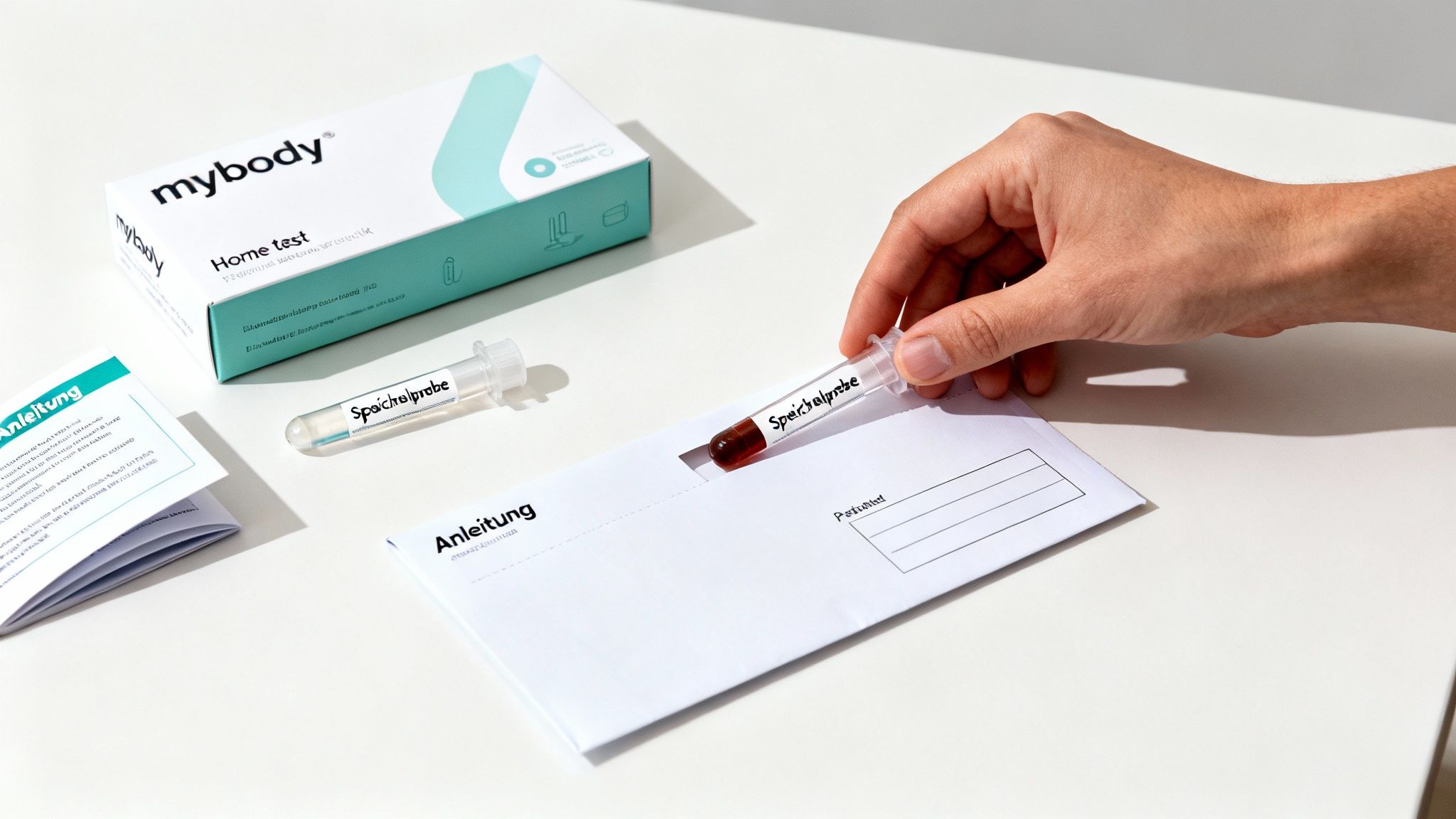 Eine Person bereitet einen mybody Home Test vor, indem sie eine Speichelprobe in einen Umschlag legt.