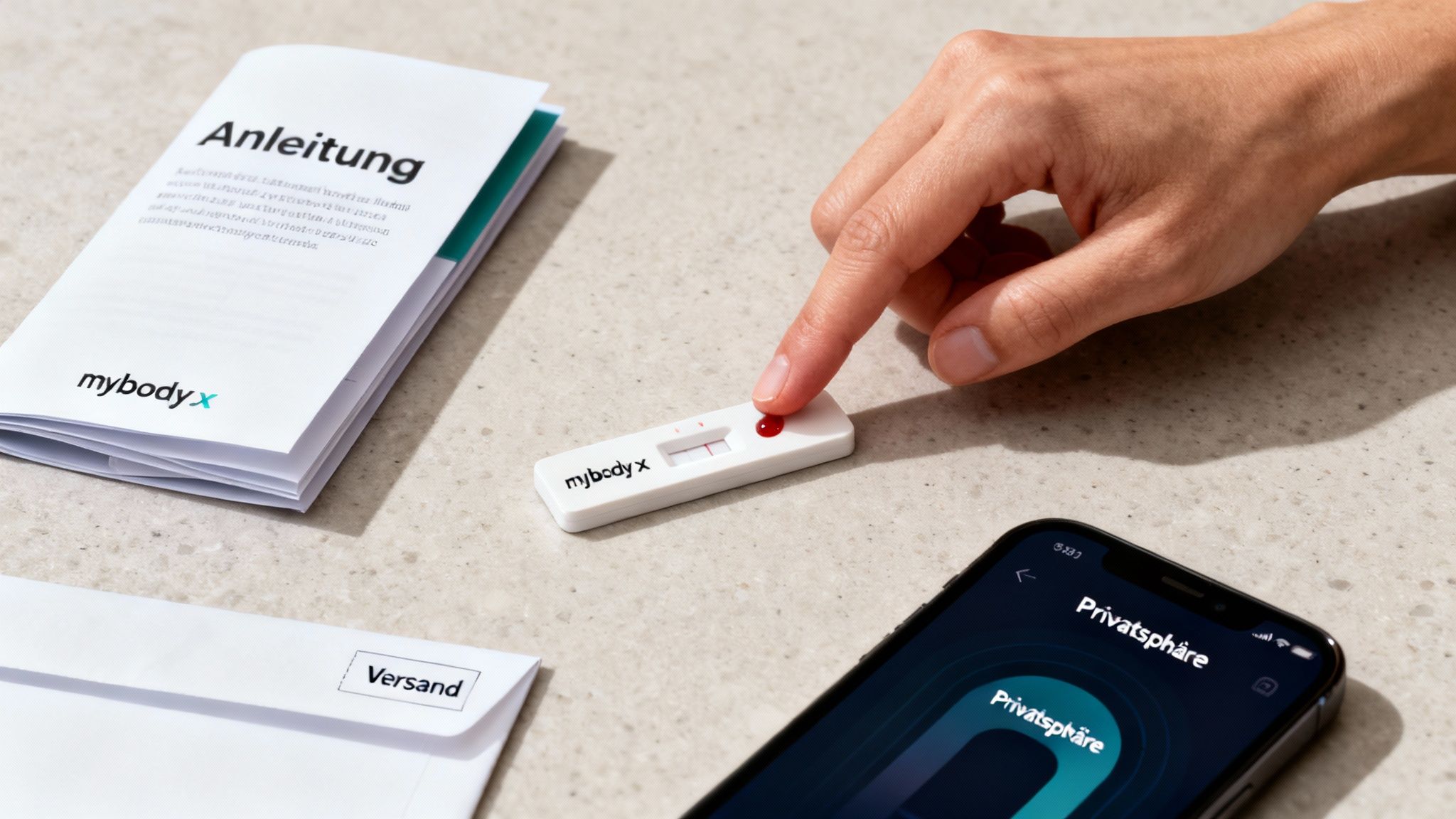 Amostra de sangue aplicada manualmente no kit de teste domiciliar MyBodyX, ao lado um guia e um smartphone com aplicativo de privacidade.