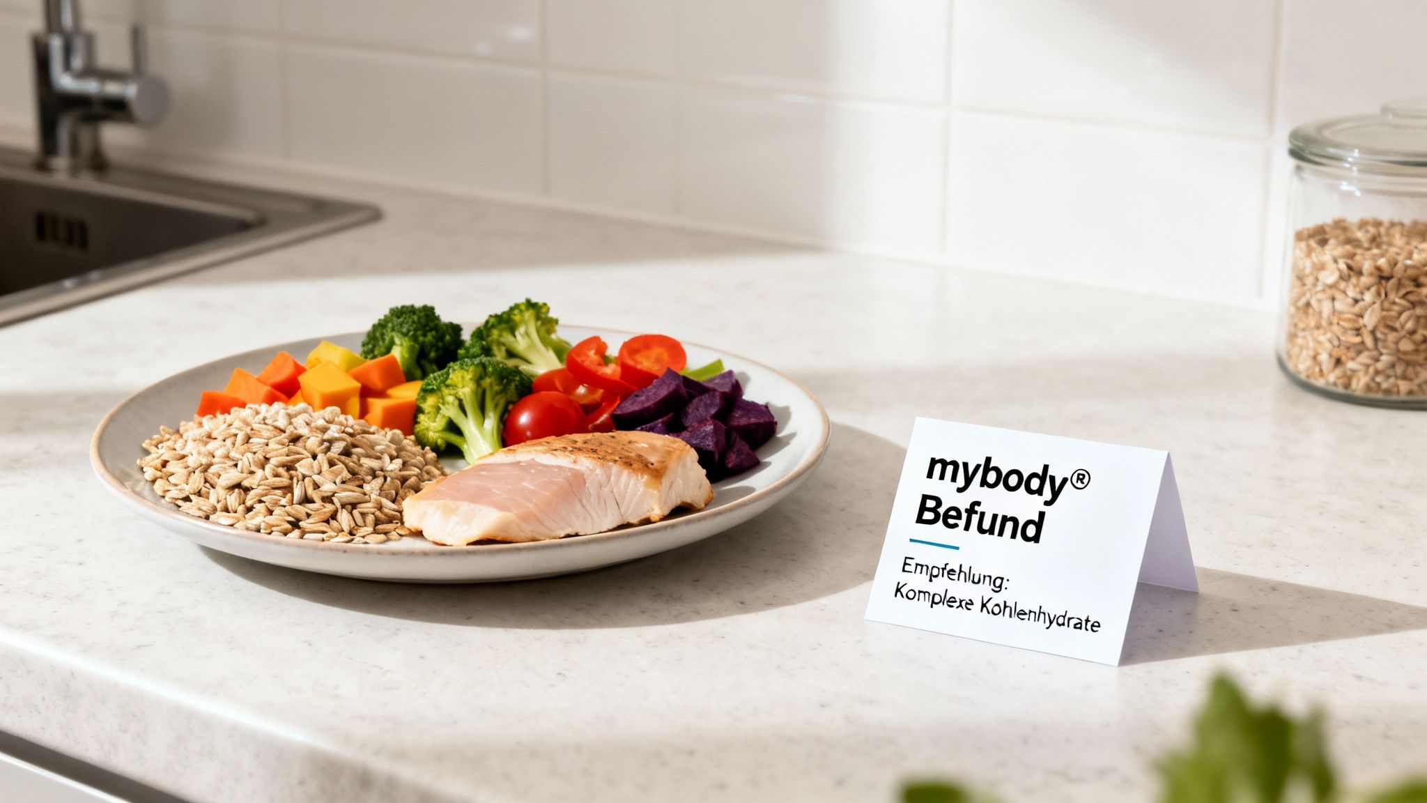 Gesunde Mahlzeit mit Fisch, Gemüse und Getreide auf einem Teller, daneben eine Empfehlung für komplexe Kohlenhydrate.