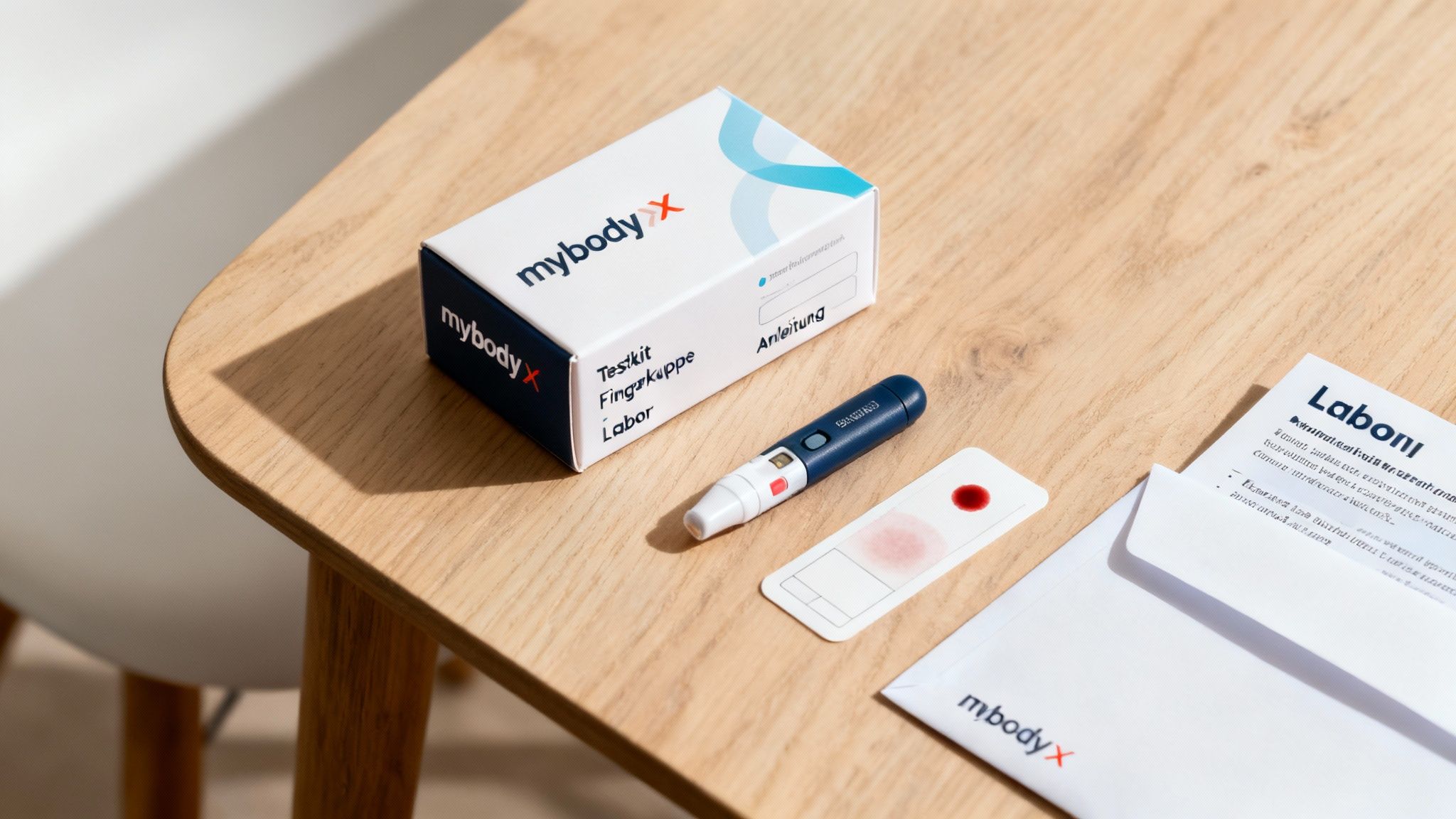 Ein mybody x Testkit mit einer Lanzette und einer Blutprobe für die Fingerkuppe liegt auf einem Holztisch.