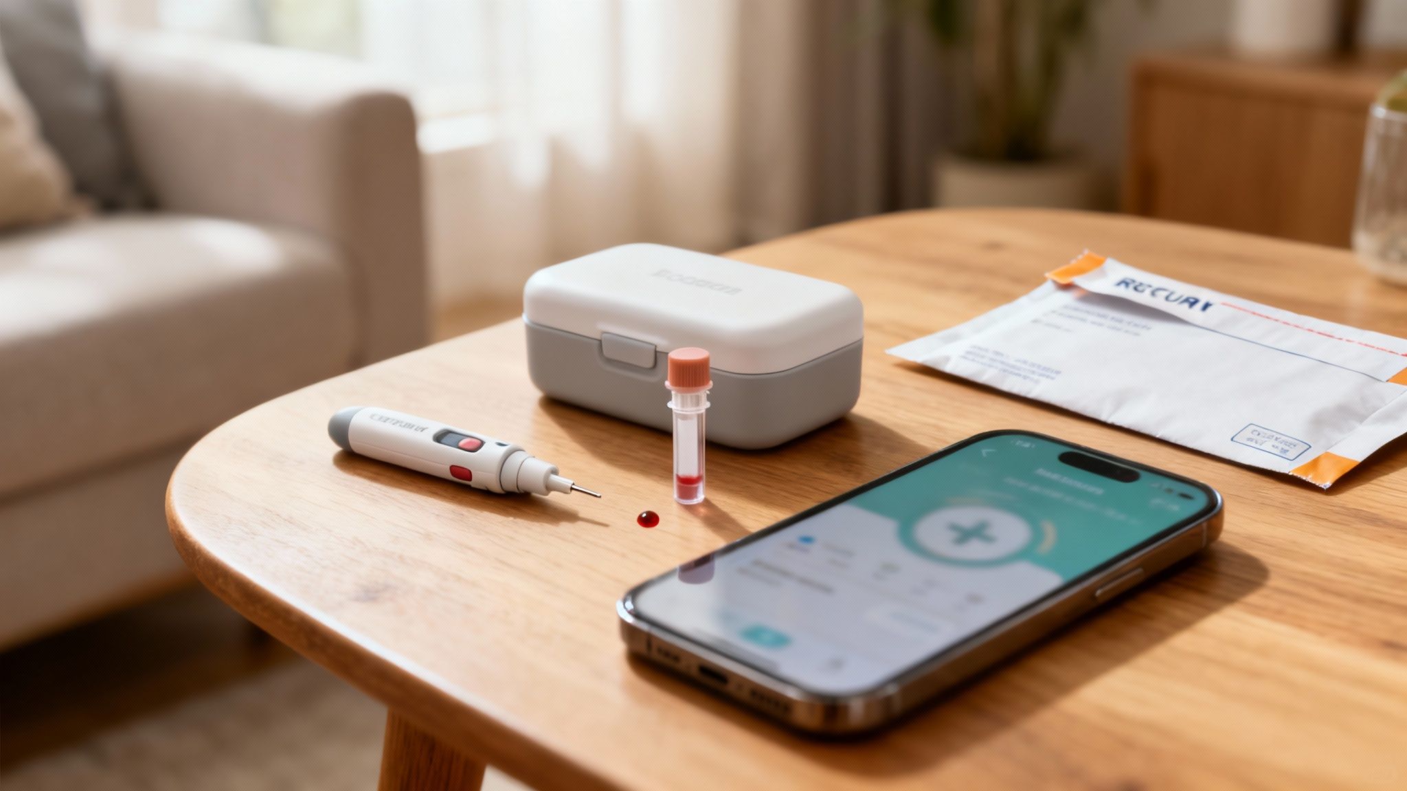 Ein Heim-Bluttest-Kit mit Lanzette, Blutröhrchen und Smartphone auf einem Holztisch.