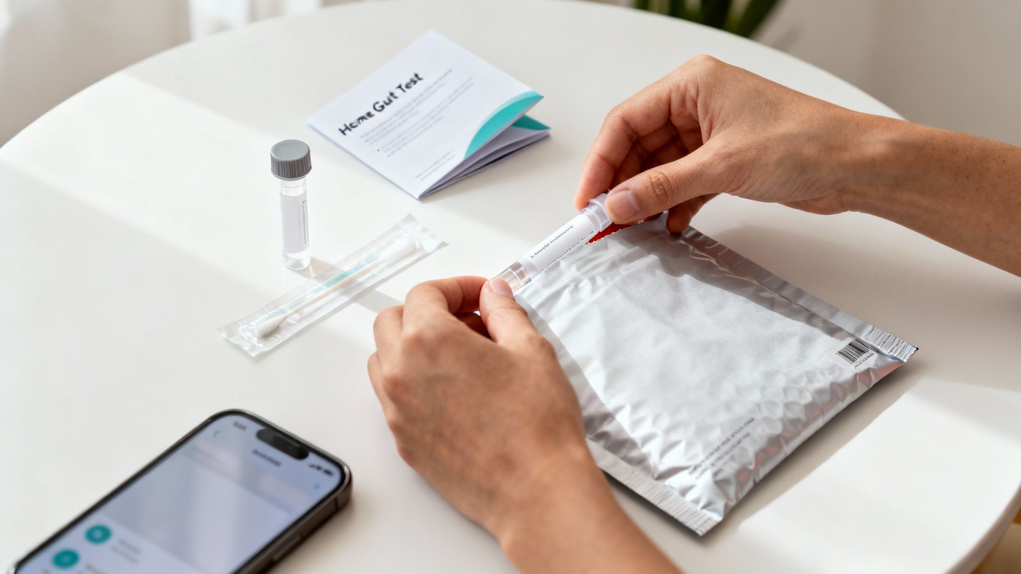 Person bereitet einen Heim-Darmtest vor und verpackt eine Probe in einem Beutel.