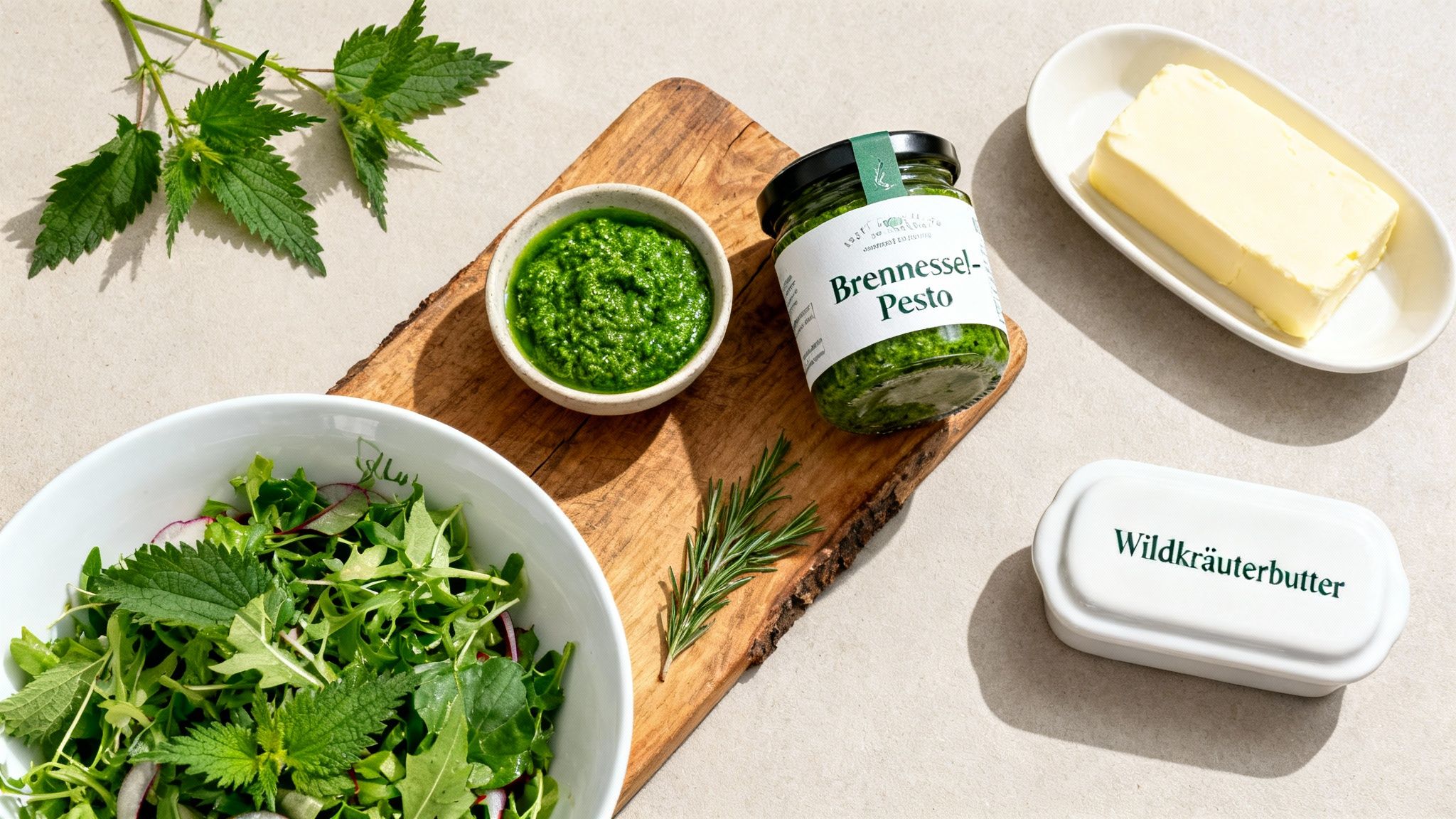 Ortiga fresca, pesto, ensalada de hierbas silvestres y mantequilla de hierbas silvestres sobre una mesa de madera, listos para usar.