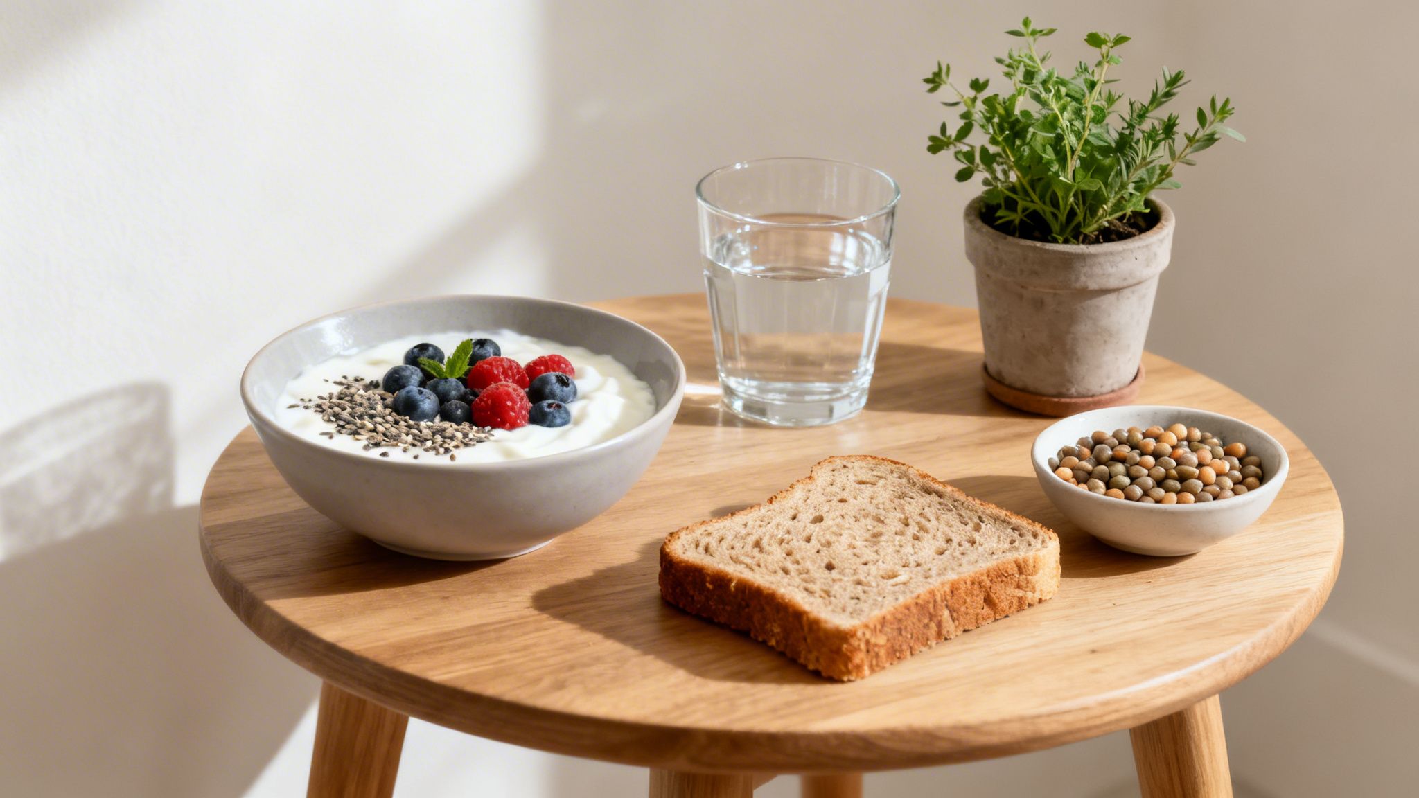 Una colazione sana con yogurt, frutti di bosco, semi di chia, pane, lenticchie e un bicchiere d'acqua su un tavolo di legno.