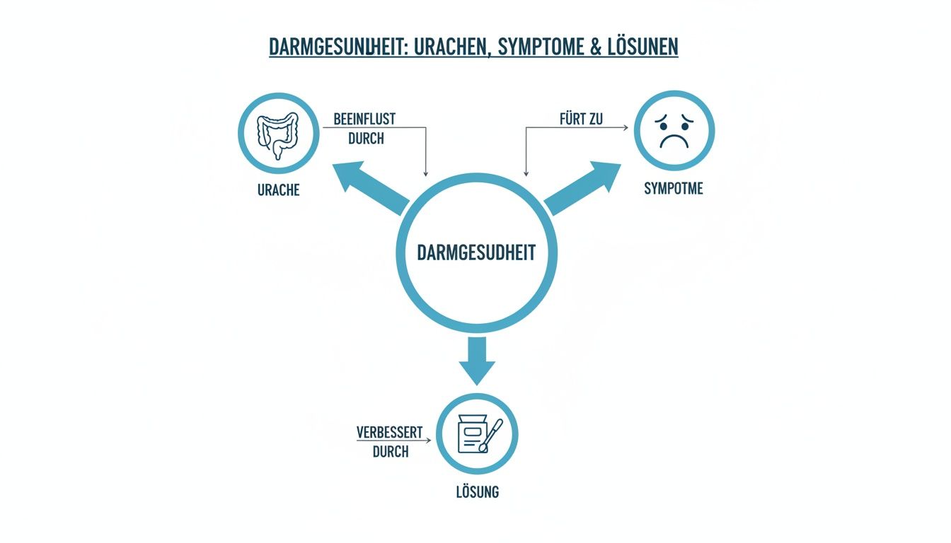 Infografica sulla salute intestinale, le sue cause, i sintomi e le possibili soluzioni, presentata sotto forma di diagramma di flusso.