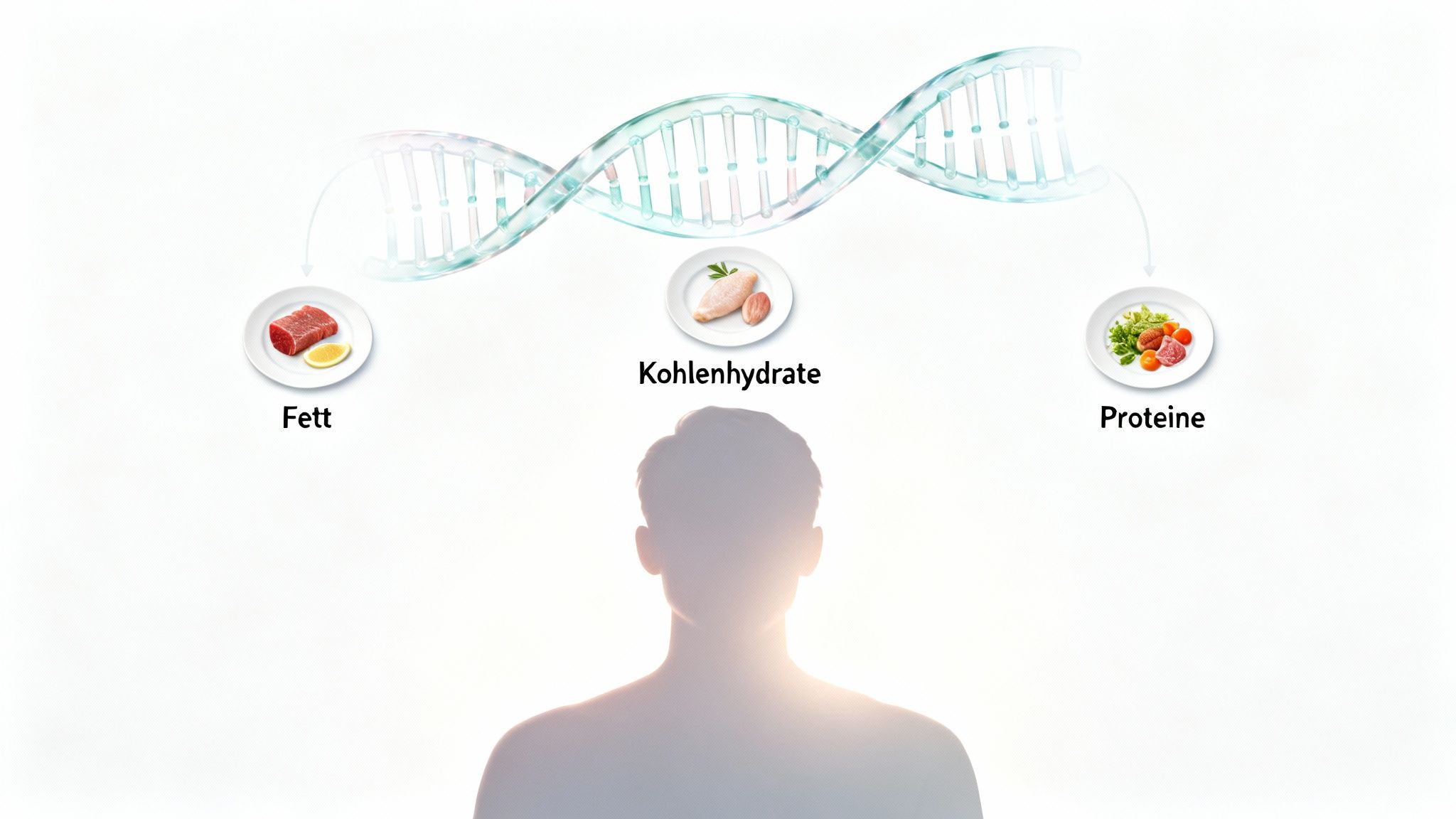 DNA-Helix über drei Tellern mit Fett, Kohlenhydraten und Proteinen, die zu einer Person führen.