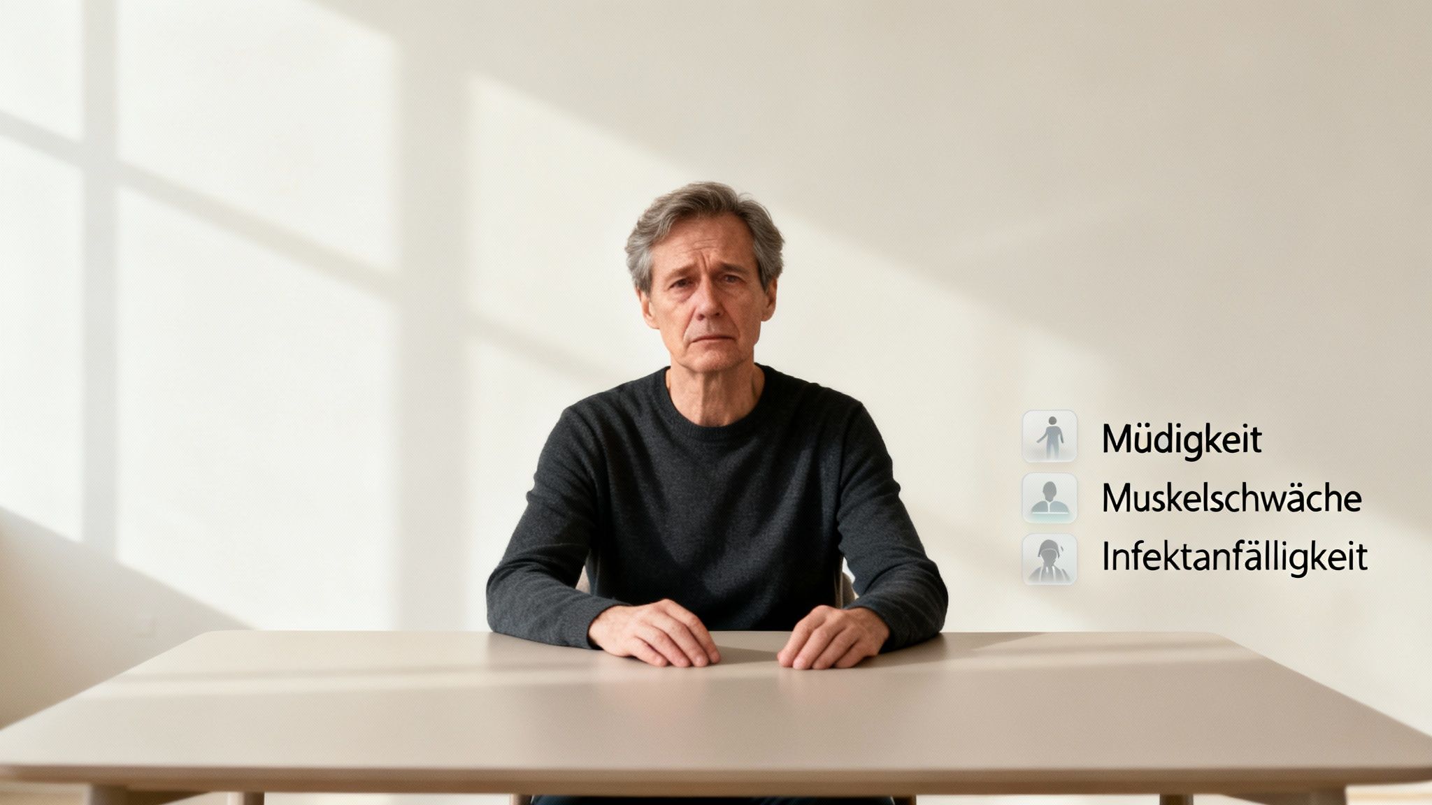 Ein besorgter Mann sitzt an einem Tisch neben einer Liste von Symptomen: Müdigkeit, Muskelschwäche, Infektanfälligkeit.