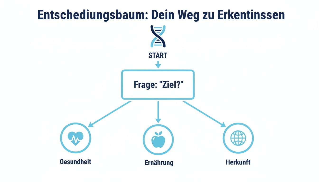 Diagrama de flujo de un árbol de decisiones para pruebas de ADN sobre salud, nutrición y origen.