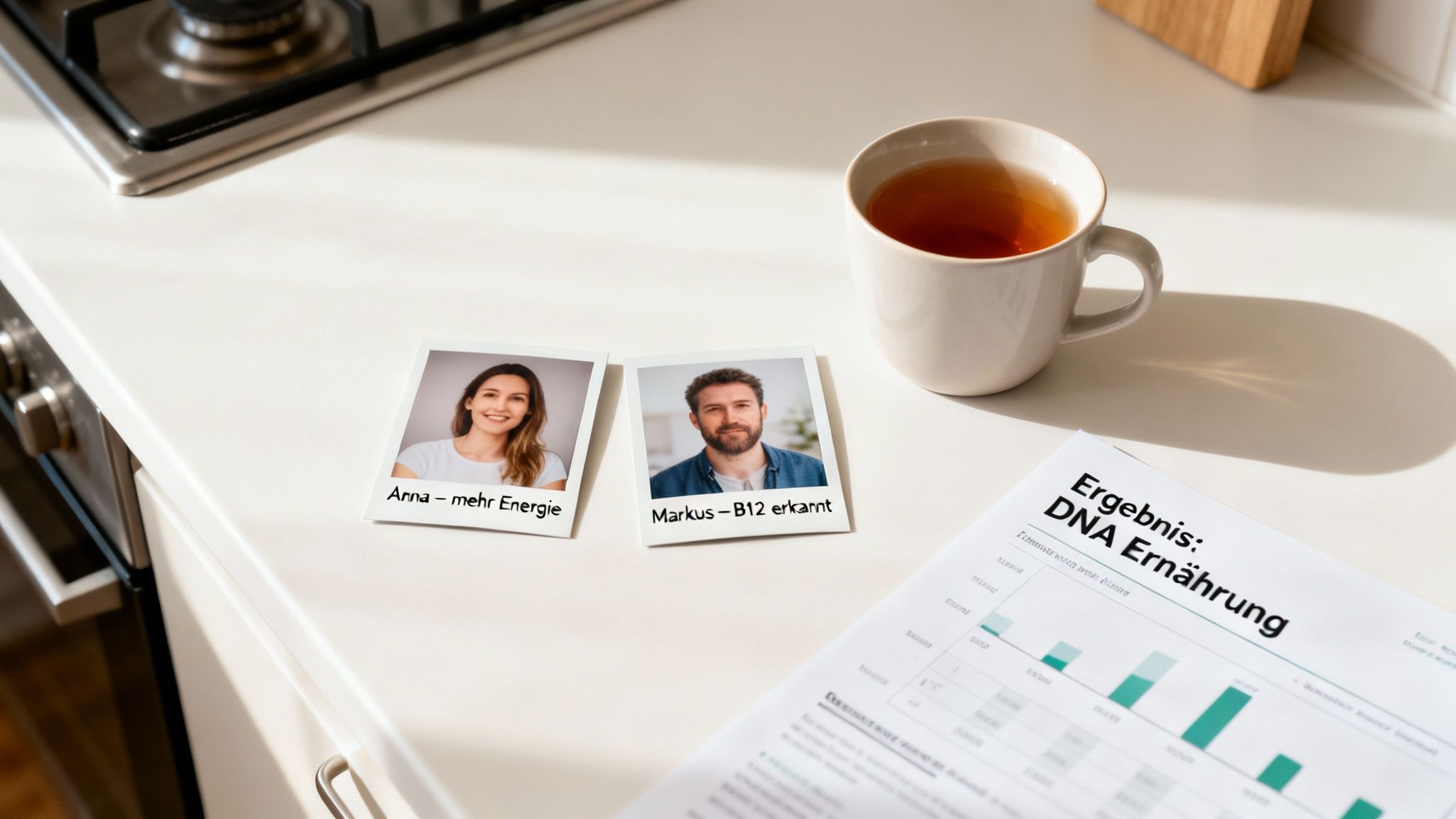 Fotos von Anna und Markus, DNA-Ernährungstestergebnisse und Teetasse auf Küchentheke.