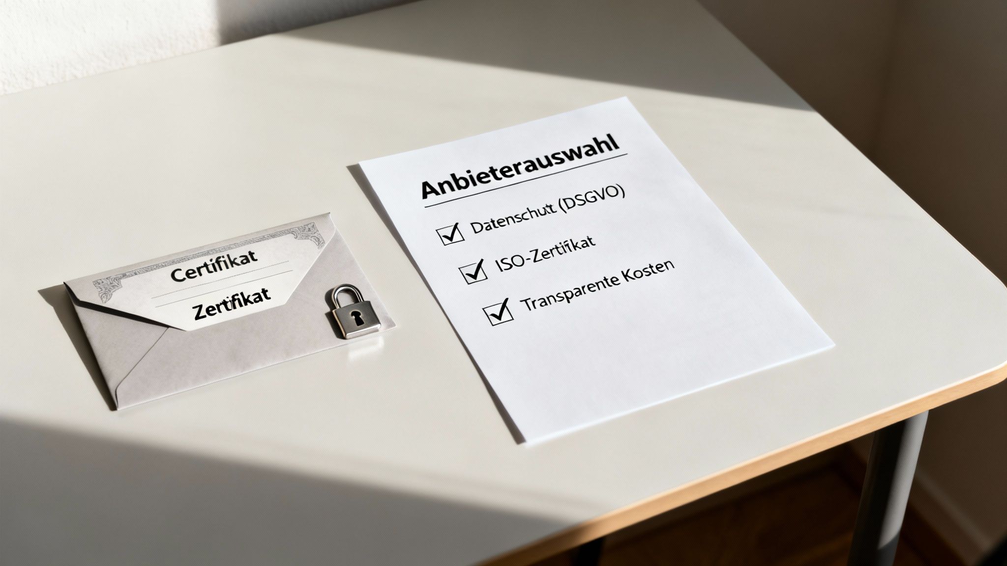 Dokument zur Anbieterauswahl mit Kriterien wie Datenschutz, ISO-Zertifikat und transparenten Kosten, daneben ein gesichertes Zertifikat.