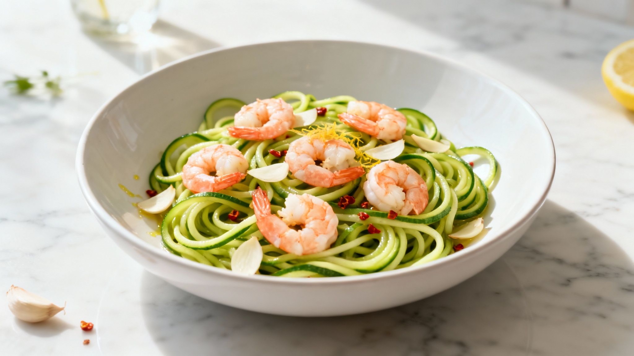 Zucchini-Nudeln mit Garnelen und Knoblauch