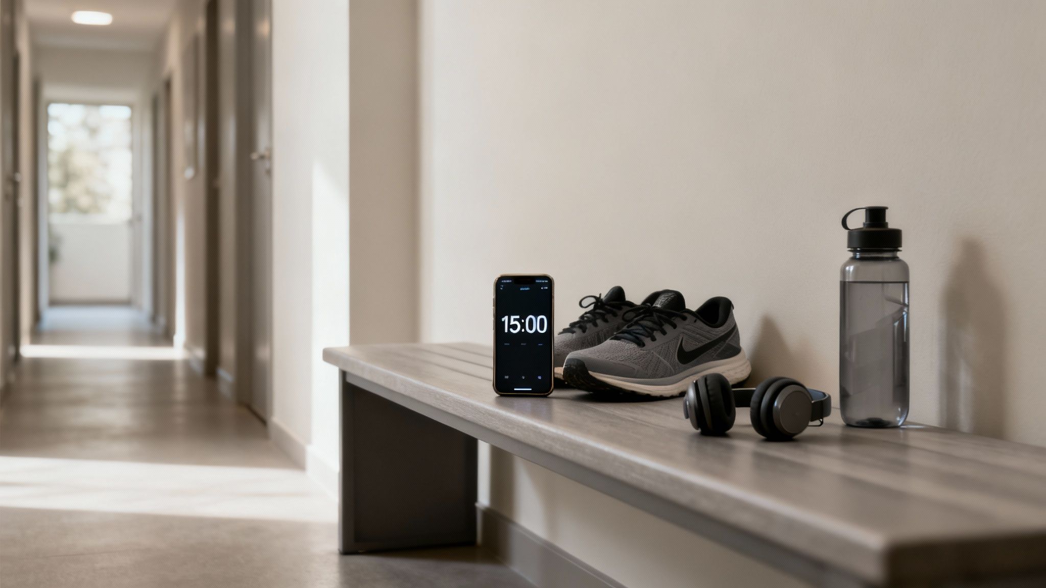 Trainingsausrüstung mit Smartphone, Laufschuhen, Hanteln und Wasserflasche auf Bank für gesunden Lebensstil