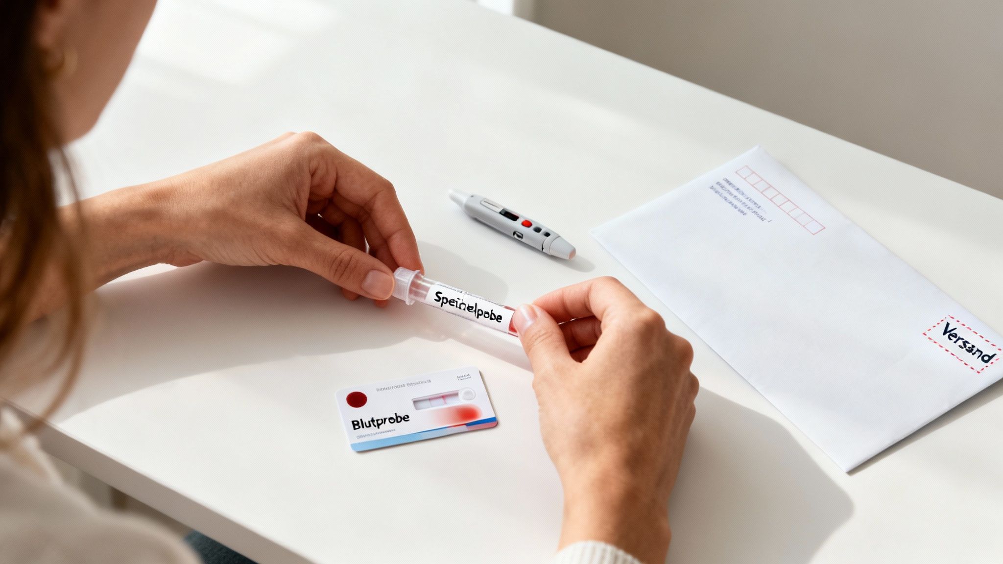 Eine Frau bereitet einen Selbsttest vor, mit Teströhrchen, Bluttest und Versand-Umschlag.