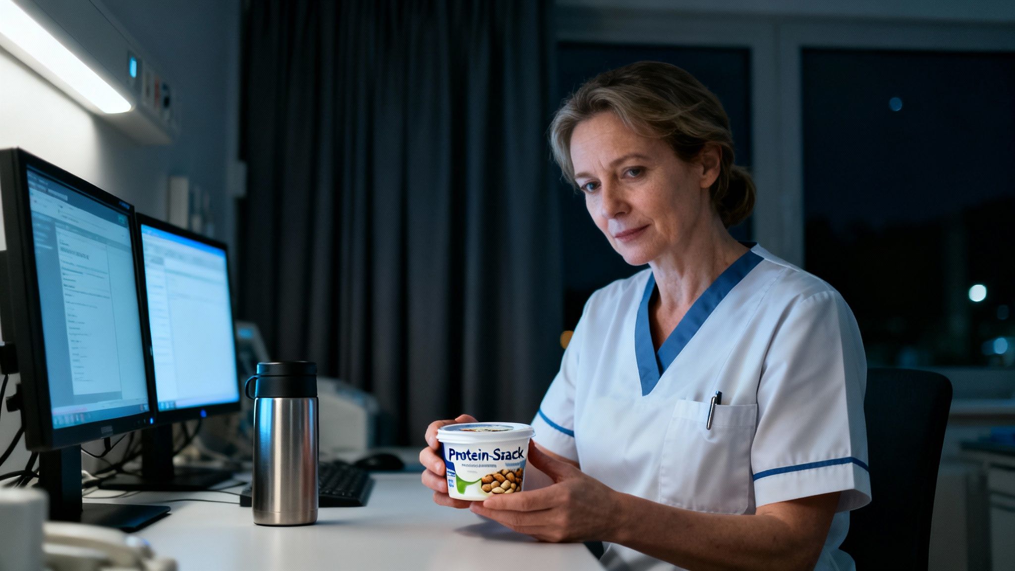 Eine medizinische Fachkraft hält nachts in einem Büro einen Protein-Snack.