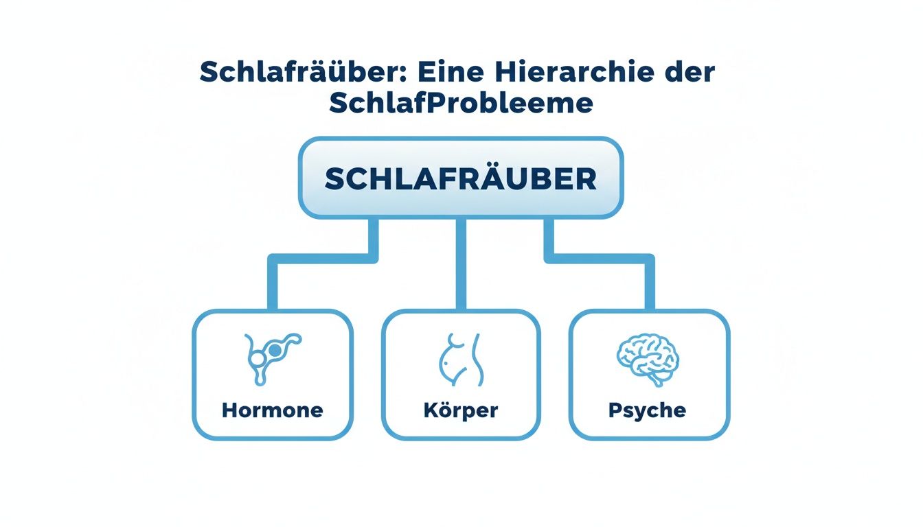 Hierarchische Darstellung von Schlafproblemen, aufgeteilt in Hormone, Körper und Psyche als "Schlafräuber".