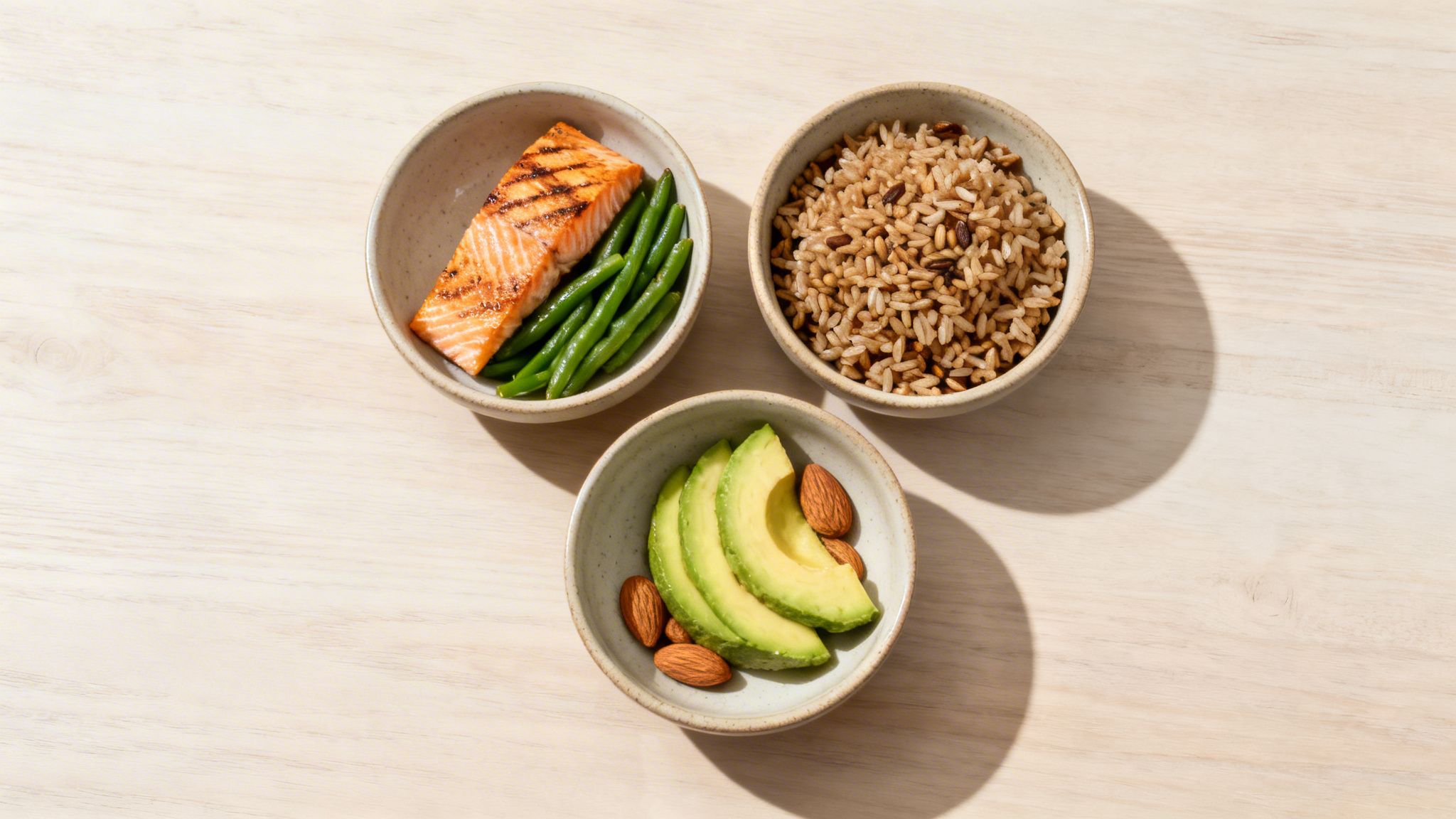 Drie schalen met gezonde voedingsmiddelen: gegrilde zalm, groene bonen, rijst, avocado en amandelen op een houten tafel.
