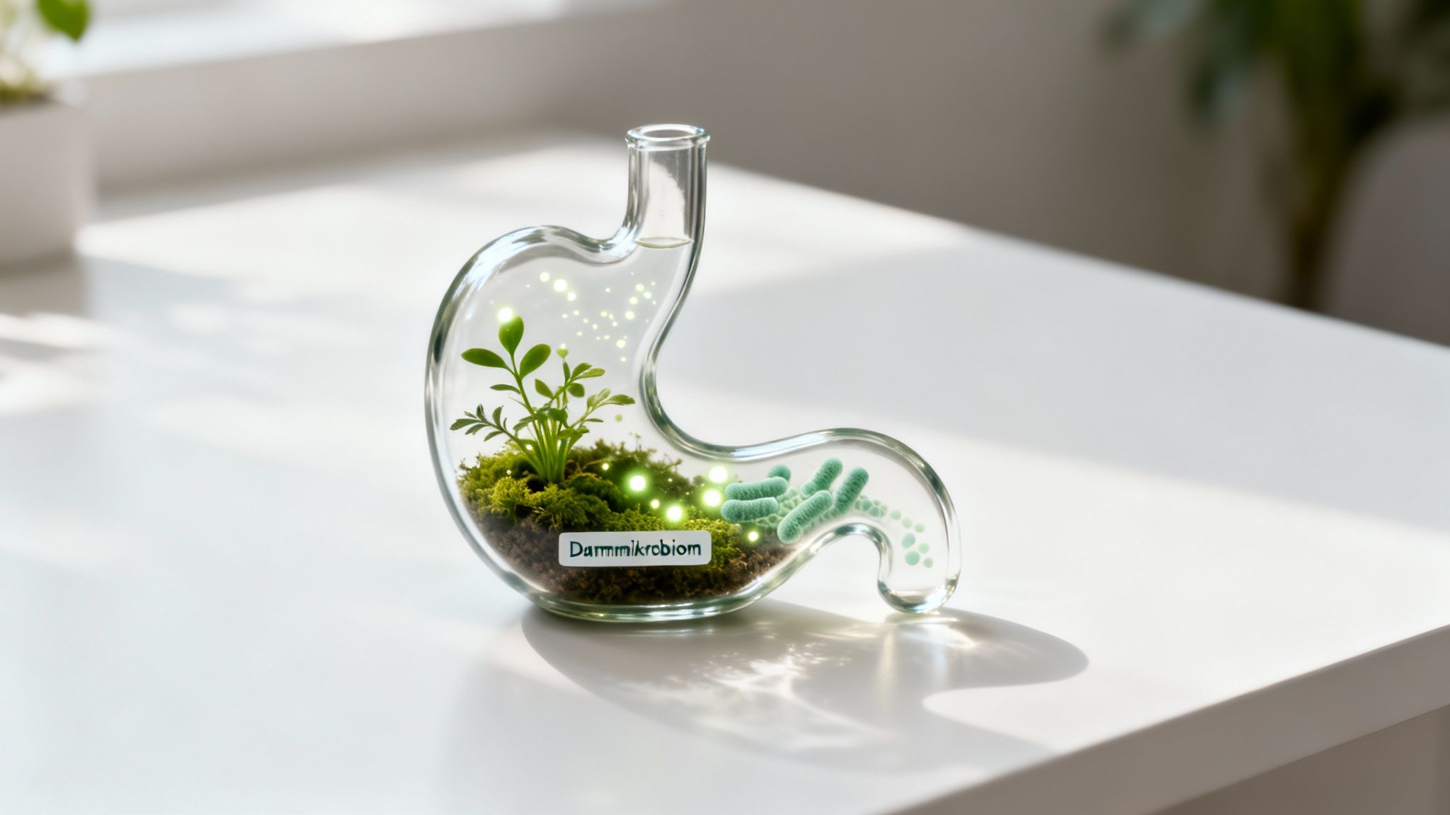 Ein Glasgefäß in Magenform zeigt ein gesundes Darmmikrobiom mit Pflanzen, Moos und Mikroorganismen.