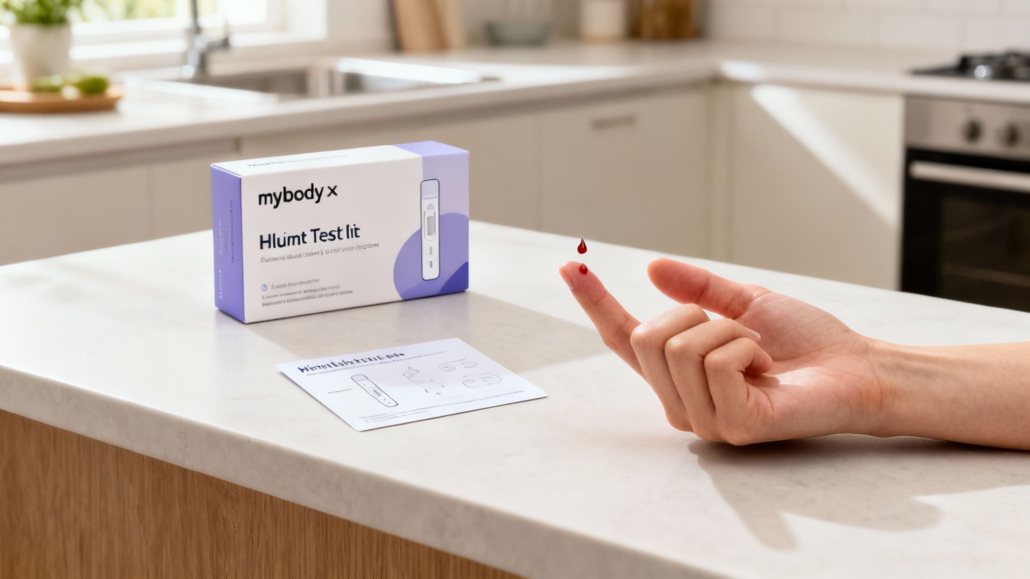 Eine Hand mit Blutstropfen am Finger, daneben ein mybody x Hlumt Test-Kit und Anweisungen auf einer Küchenarbeitsplatte.