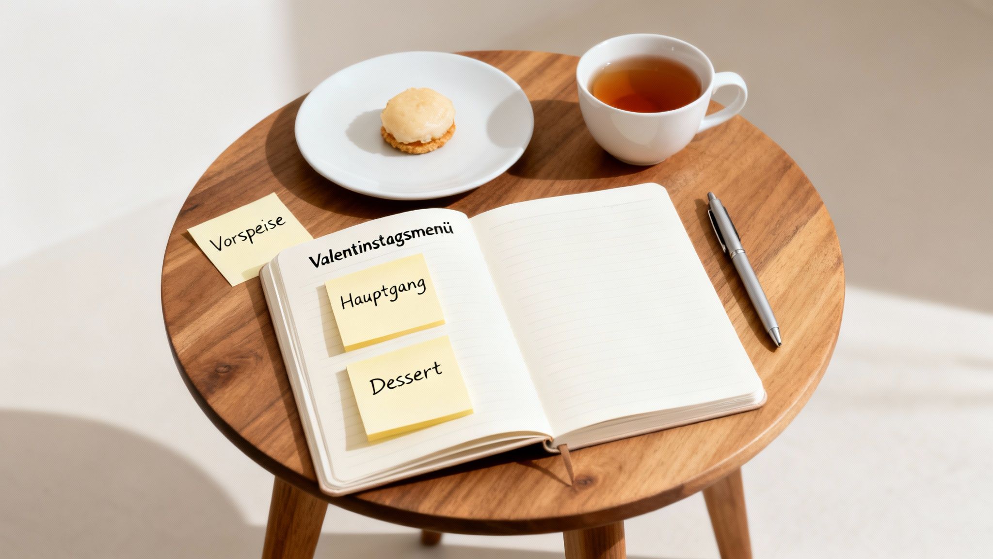 Ein offenes Notizbuch mit 'Valentinstagsmenü' und Notizzetteln für Vorspeise, Hauptgang und Dessert auf einem Holztisch.