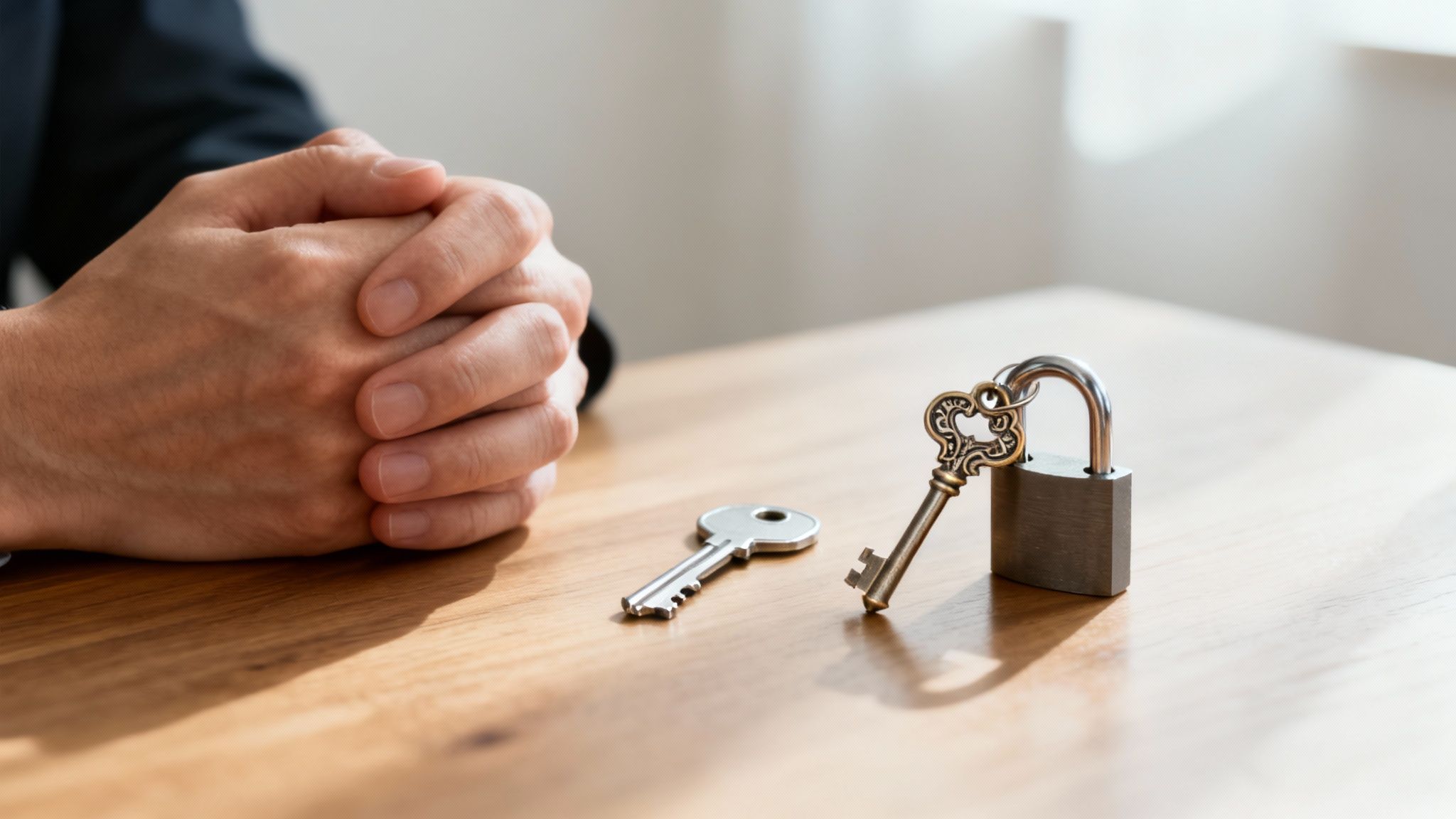 A person's clasped hands on a wooden table, next to them a padlock with one key and another key.