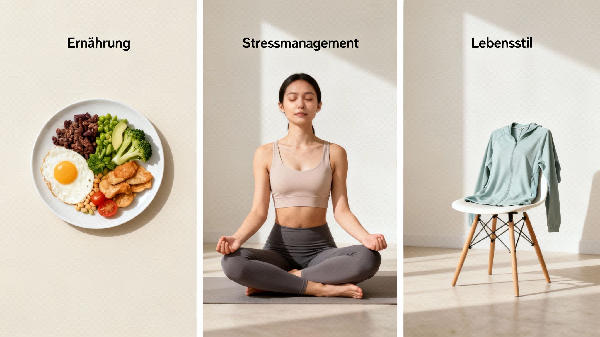 Drei Bilder zeigen gesunde Ernährung, eine meditierende Frau für Stressmanagement und Sportkleidung für einen aktiven Lebensstil.