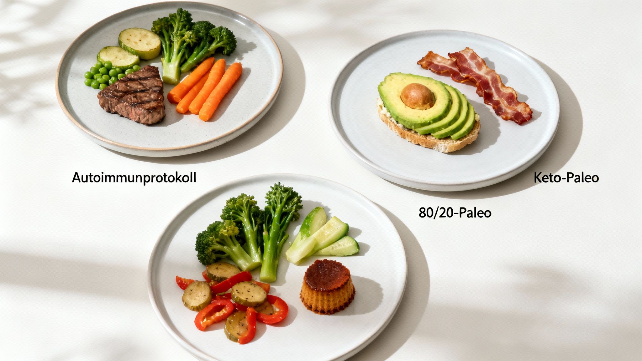 Eine Person stellt verschiedene Lebensmittel wie Gemüse, Fleisch und Nüsse auf einem Tisch zusammen, um verschiedene Paleo-Mahlzeiten zu planen.