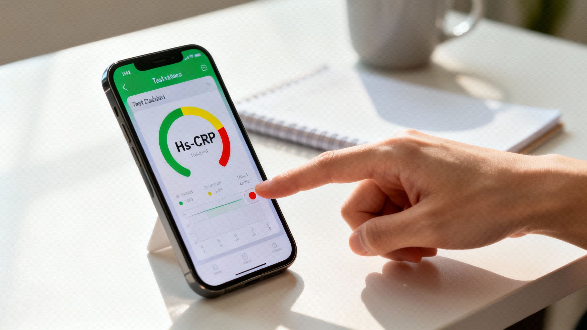 Hand tippt auf Smartphone mit Hs-CRP-Testergebnissen in rotem Bereich der Gesundheits-App.