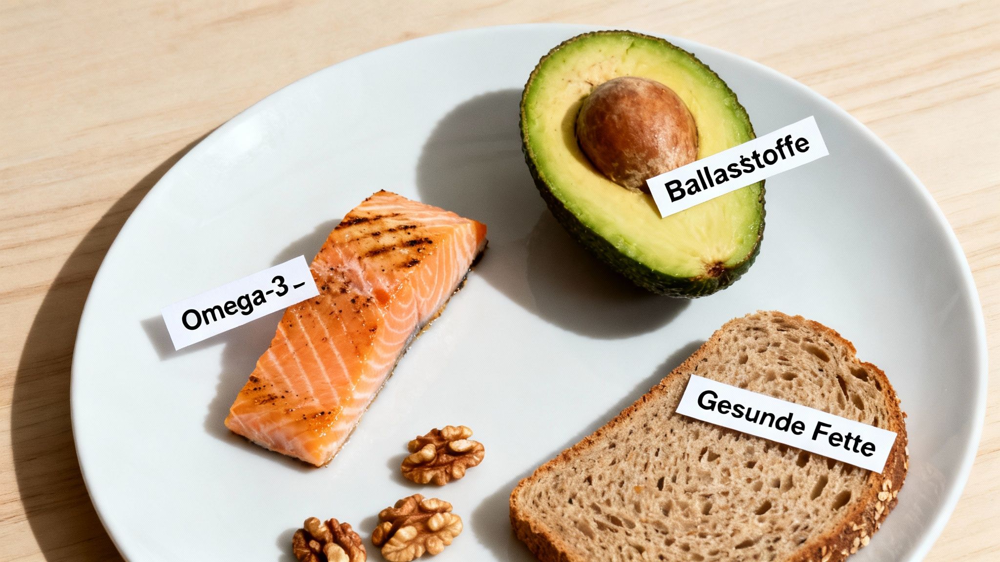 Ein Teller mit Lachs, Avocado, Walnüssen und Vollkornbrot, die Omega-3, Ballaststoffe und gesunde Fette symbolisieren.
