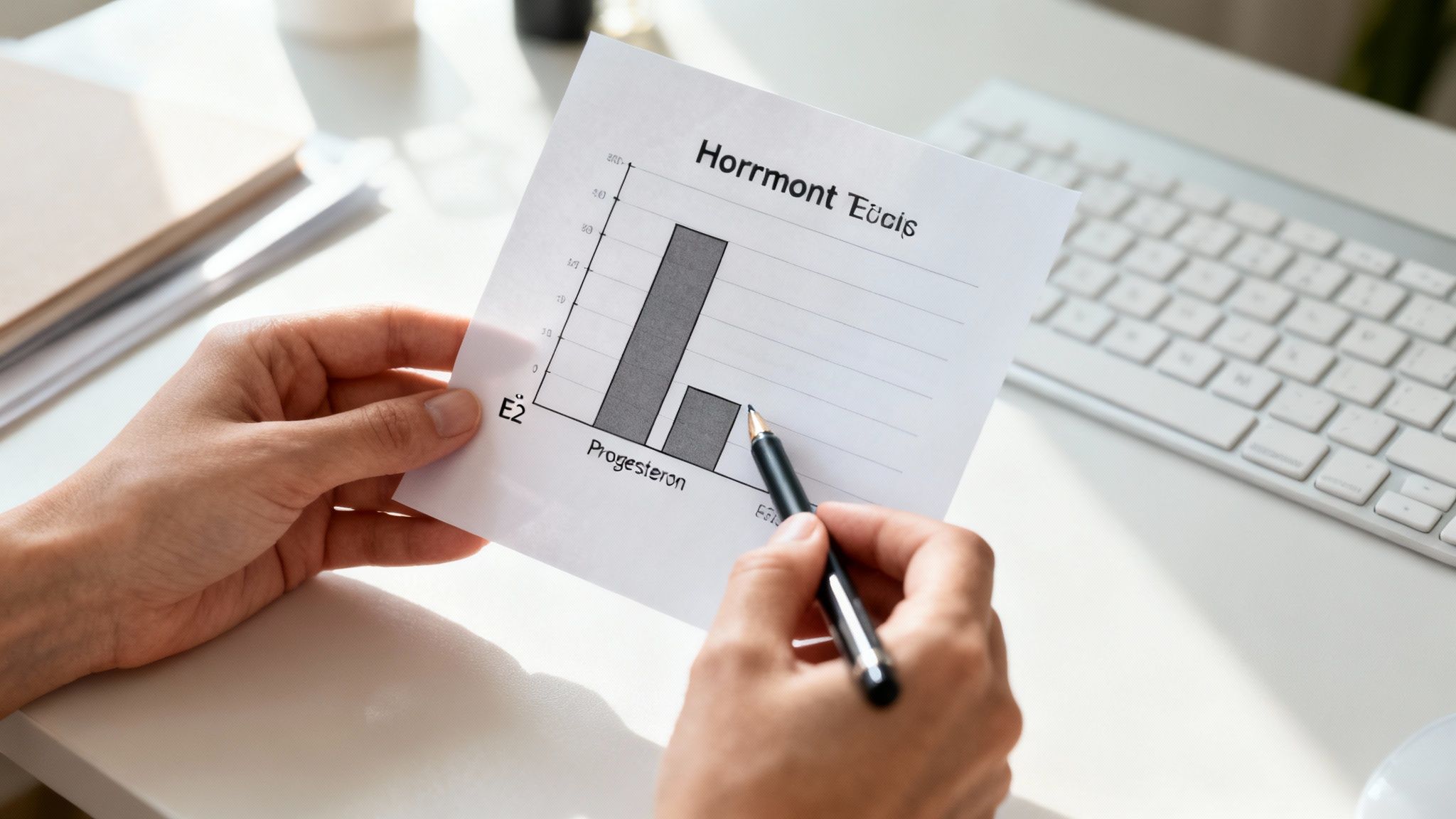 Eine Person hält ein Diagramm mit Hormonwerten (Progesteron und E31) und zeigt mit einem Stift darauf.