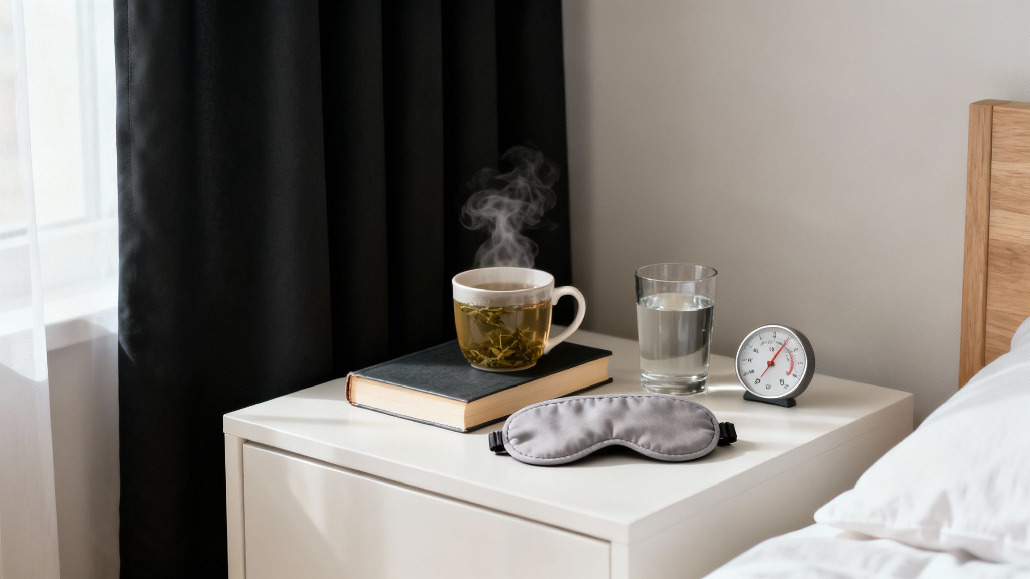 Eine Frau praktiziert entspannende Abendrituale in einem gemütlichen Schlafzimmer.