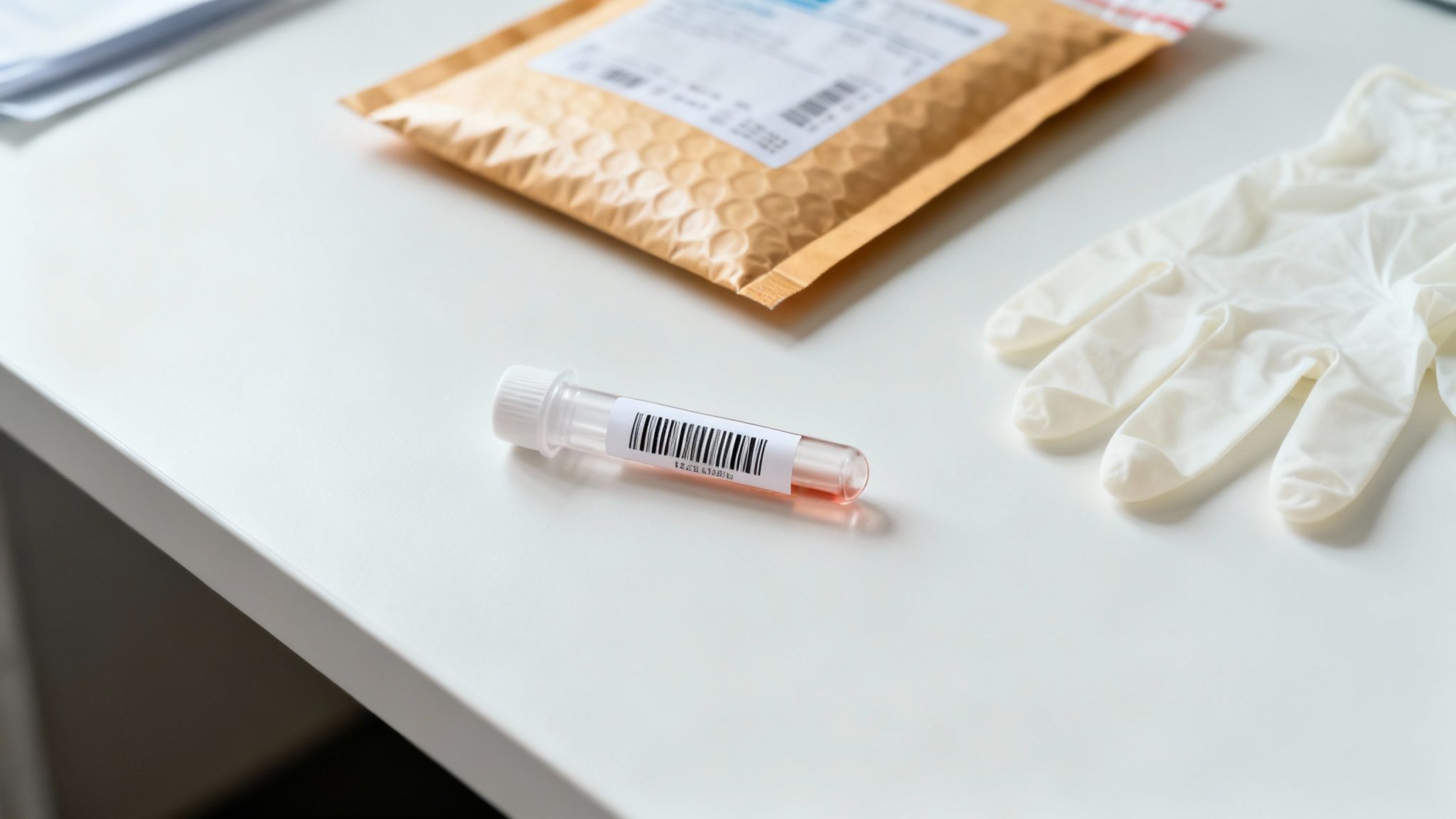Reagenzglas mit Barcode und Flüssigkeit, Einweghandschuh und gepolsterter Umschlag auf weißem Tisch für Gentests.