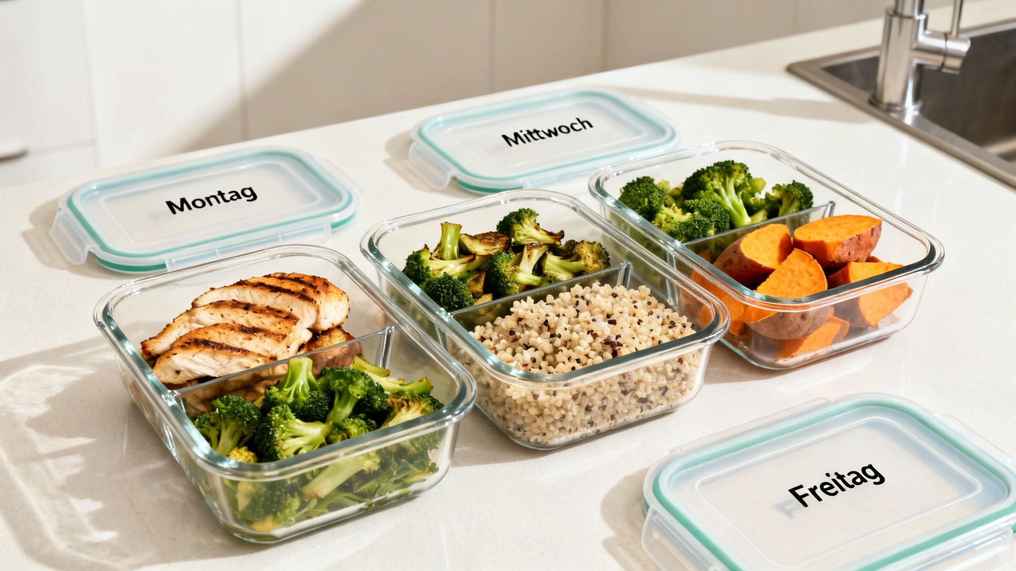 Gesundes Meal Prep: Glasbehälter mit Hähnchen, Brokkoli, Quinoa und Süßkartoffeln für die Woche.