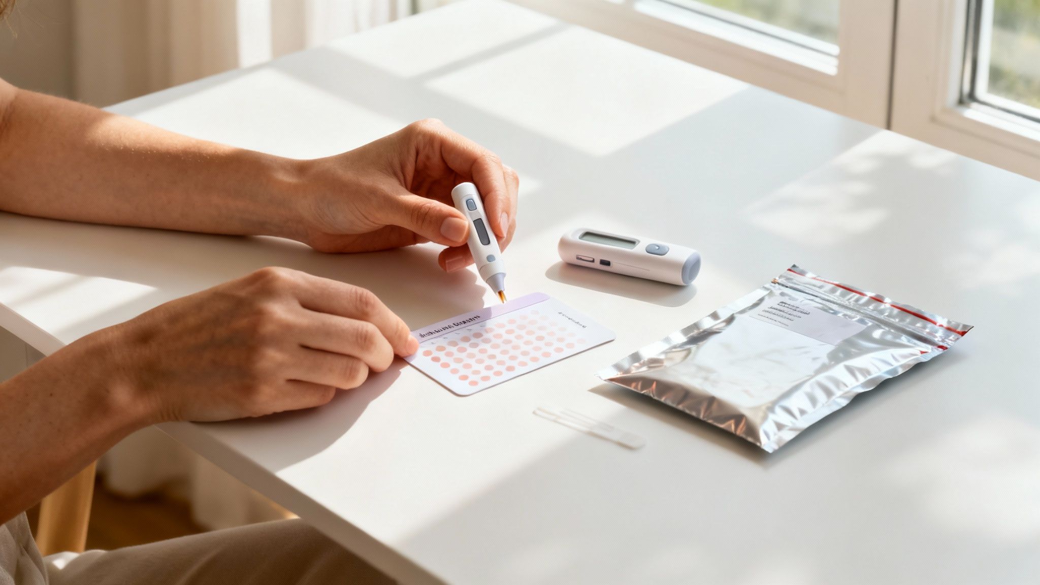 Una persona esegue un autotest ormonale utilizzando una penna e una scheda di test, accanto a un lettore digitale.